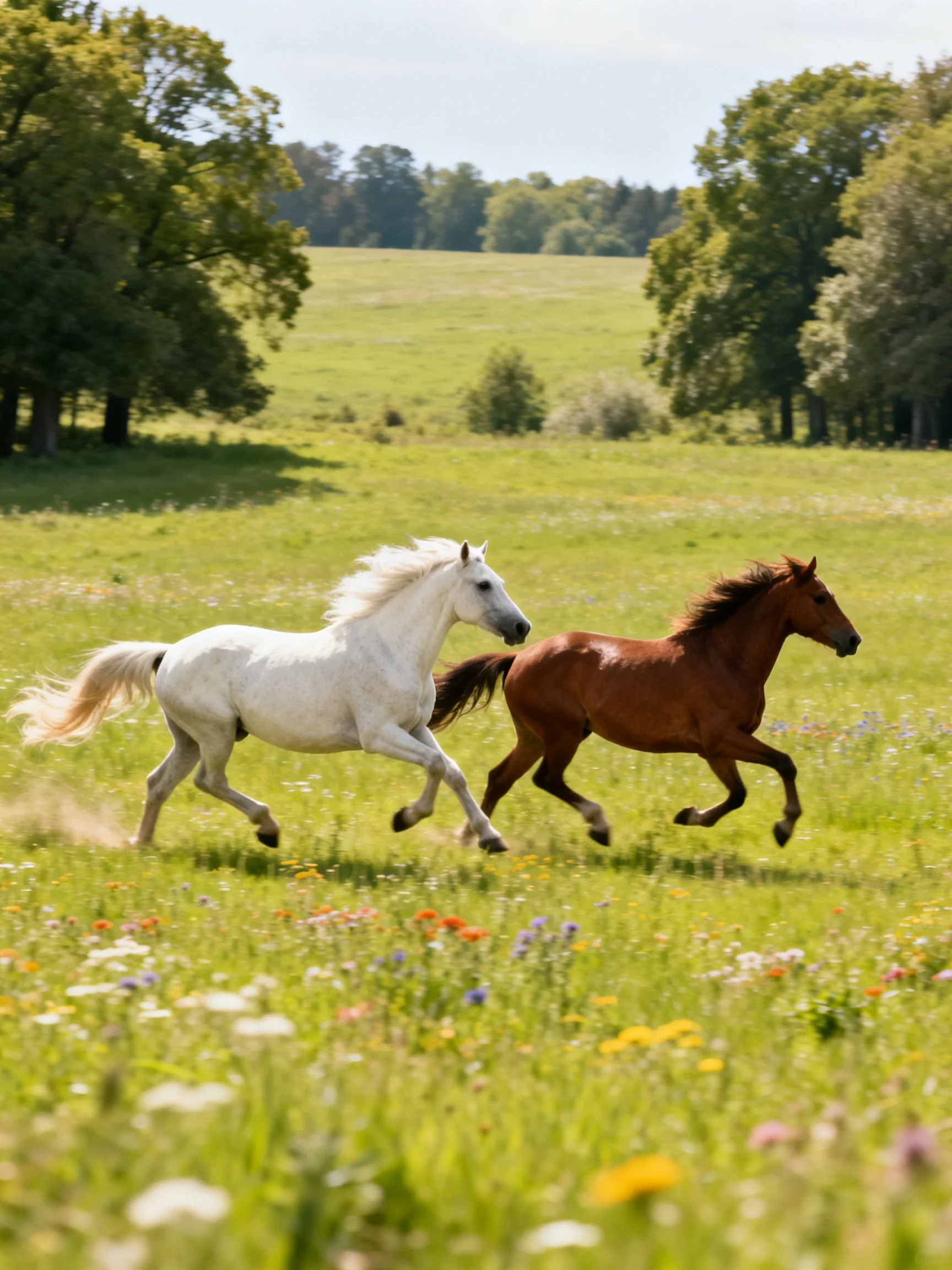 Two horses, white and brown, gallop through a flower-filled meadow
