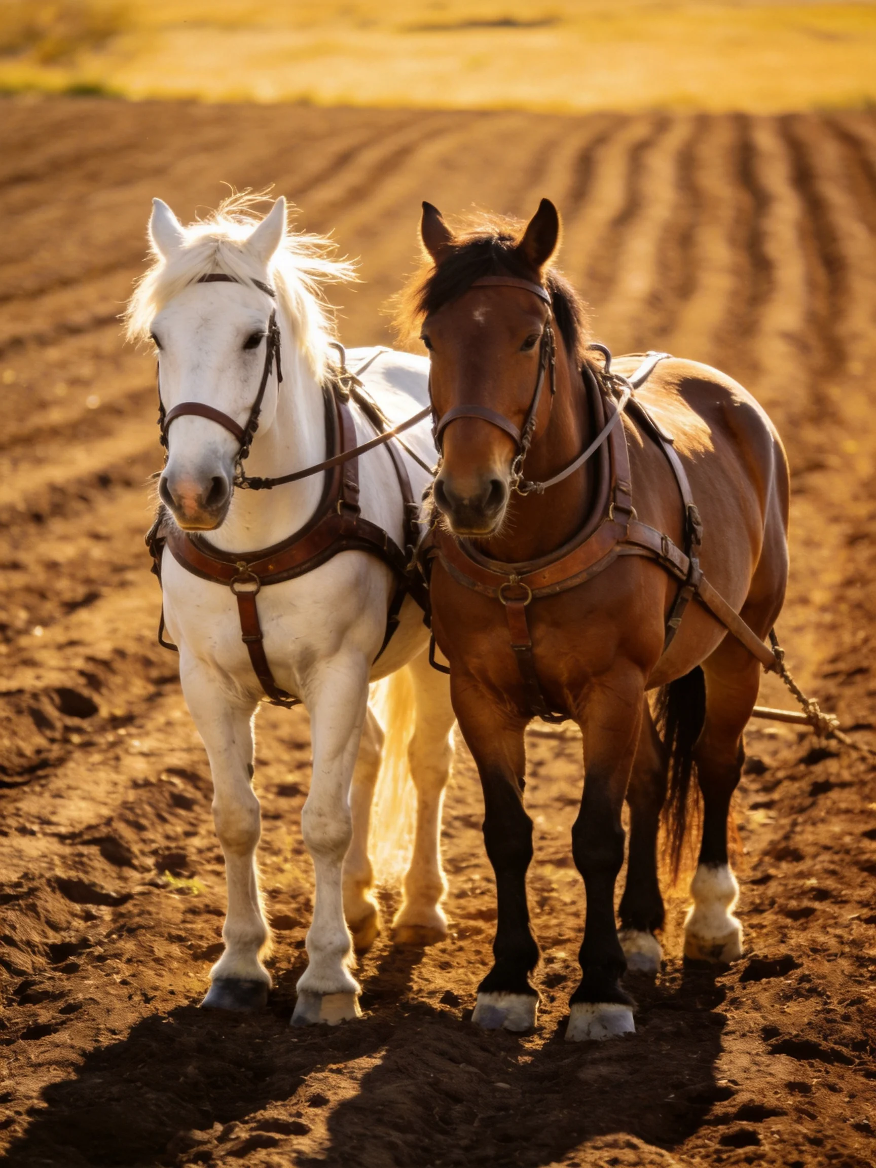 Two horses stand together in a plowed farm field.