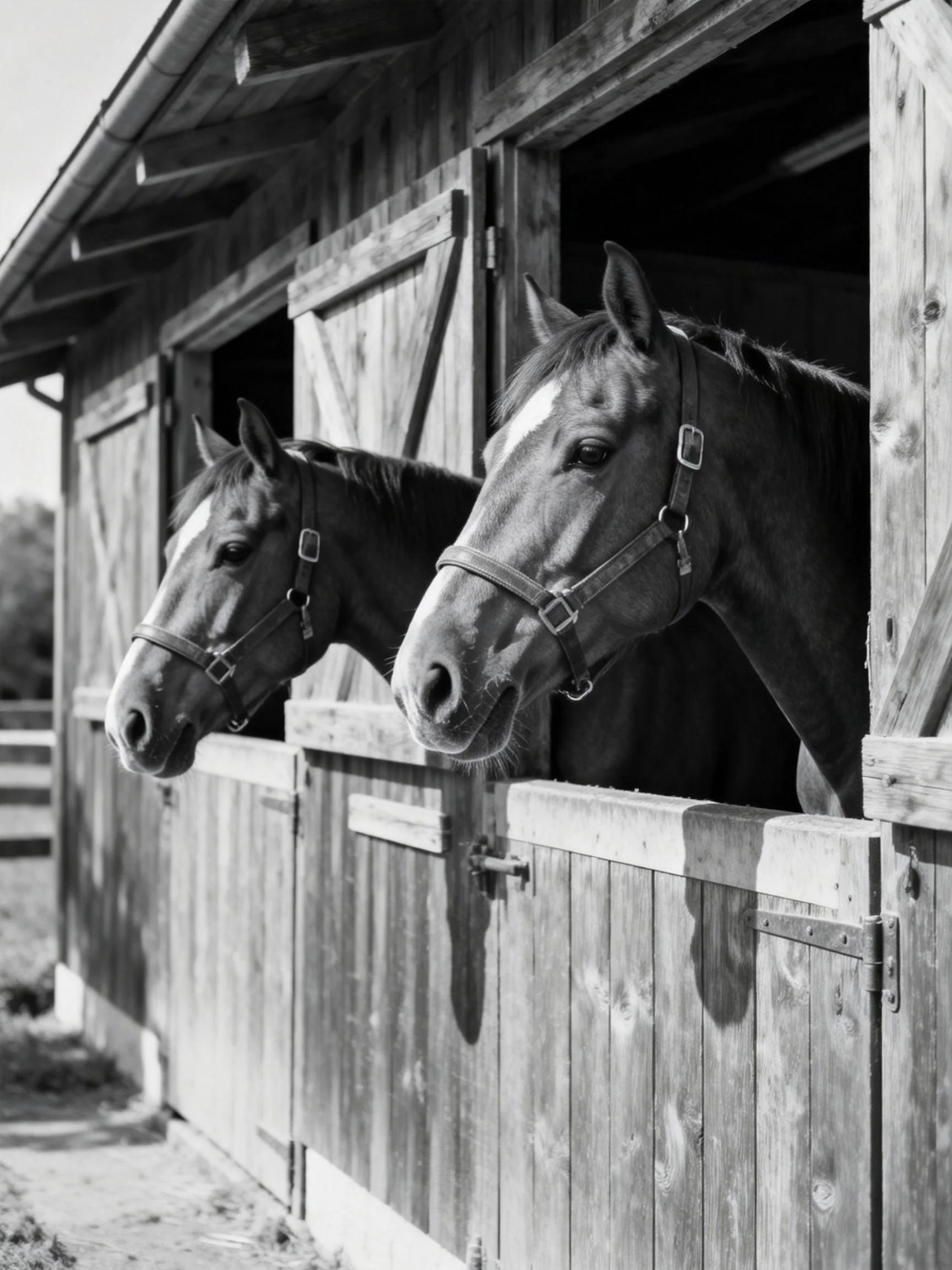 Two horses with bridles in aged wooden stable openings
