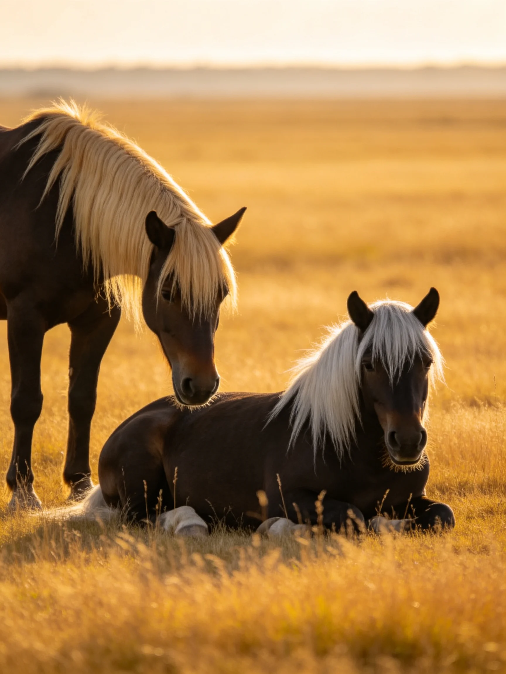 Two horses with contrasting manes in a golden field