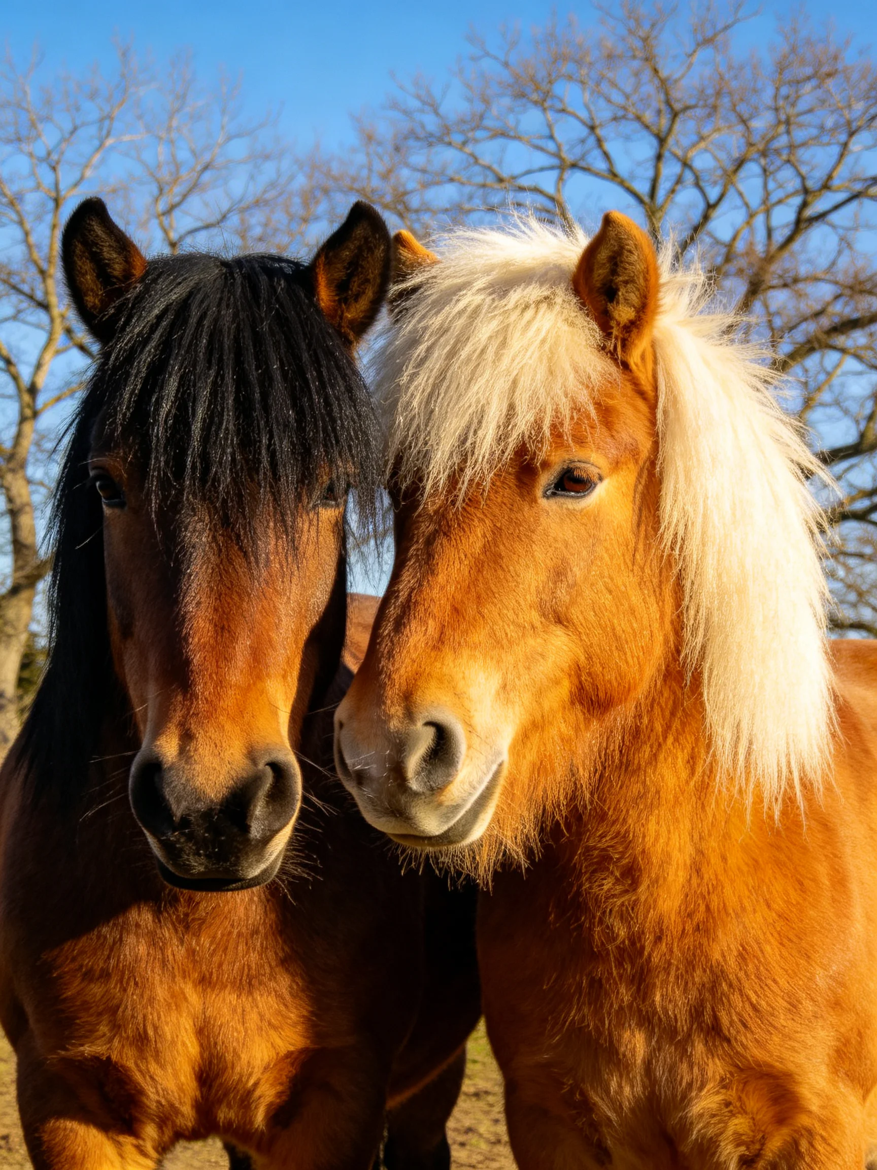 Two horses with contrasting manes stand close together outdoors