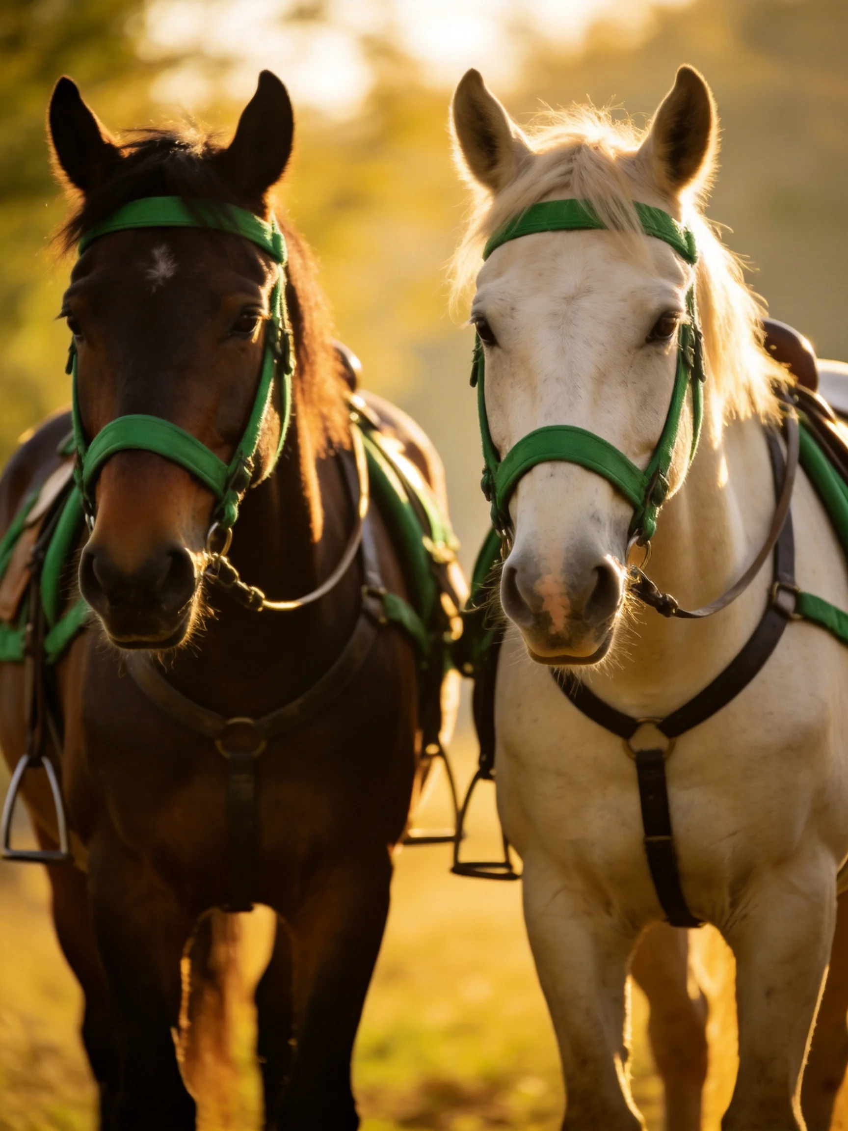 Two horses with green bridles stand close together outdoors