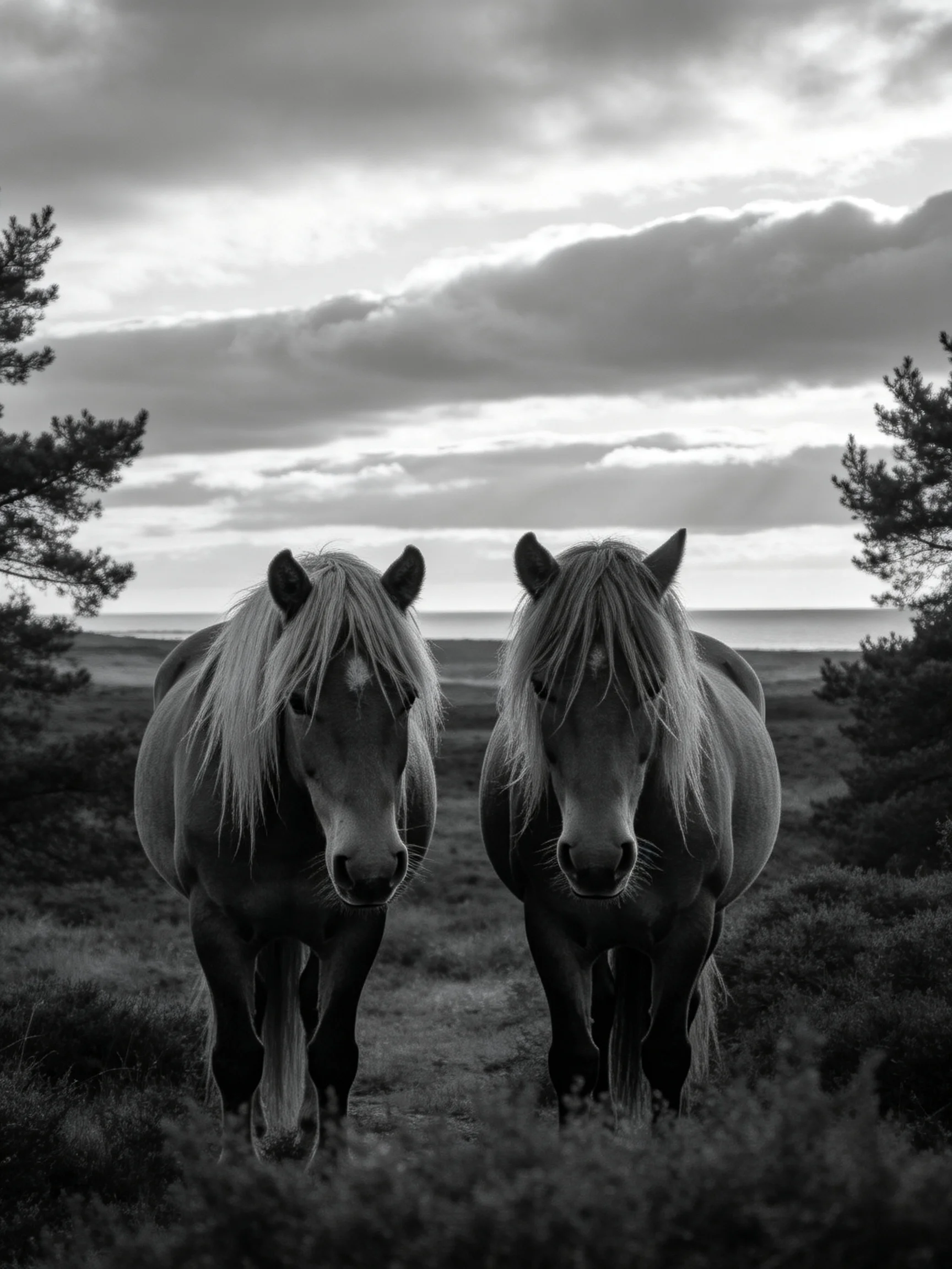 Two horses with light manes stand in a moody landscape under dramatic clouds
