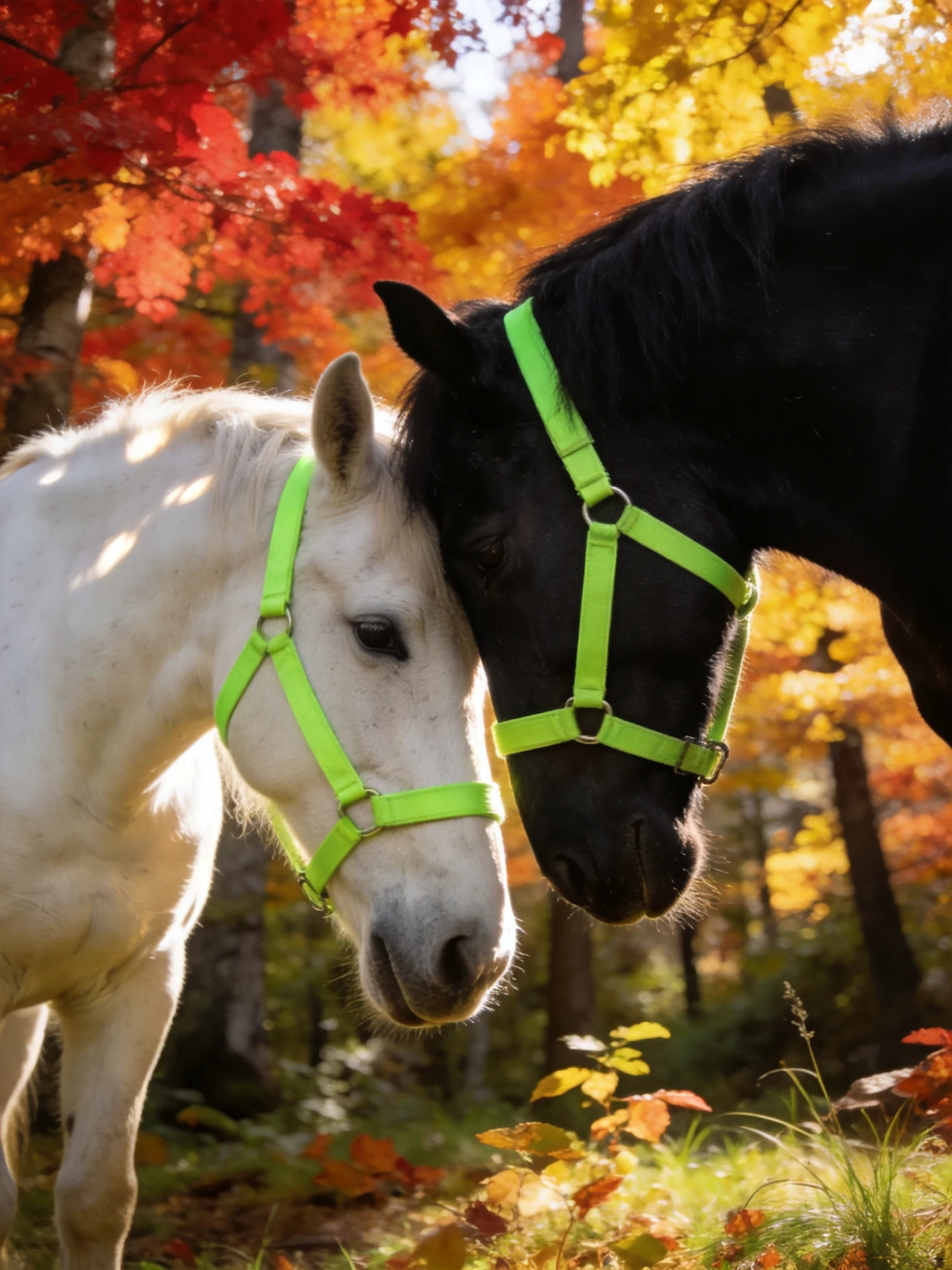 Two horses with neon halters stand close amid vibrant fall foliage