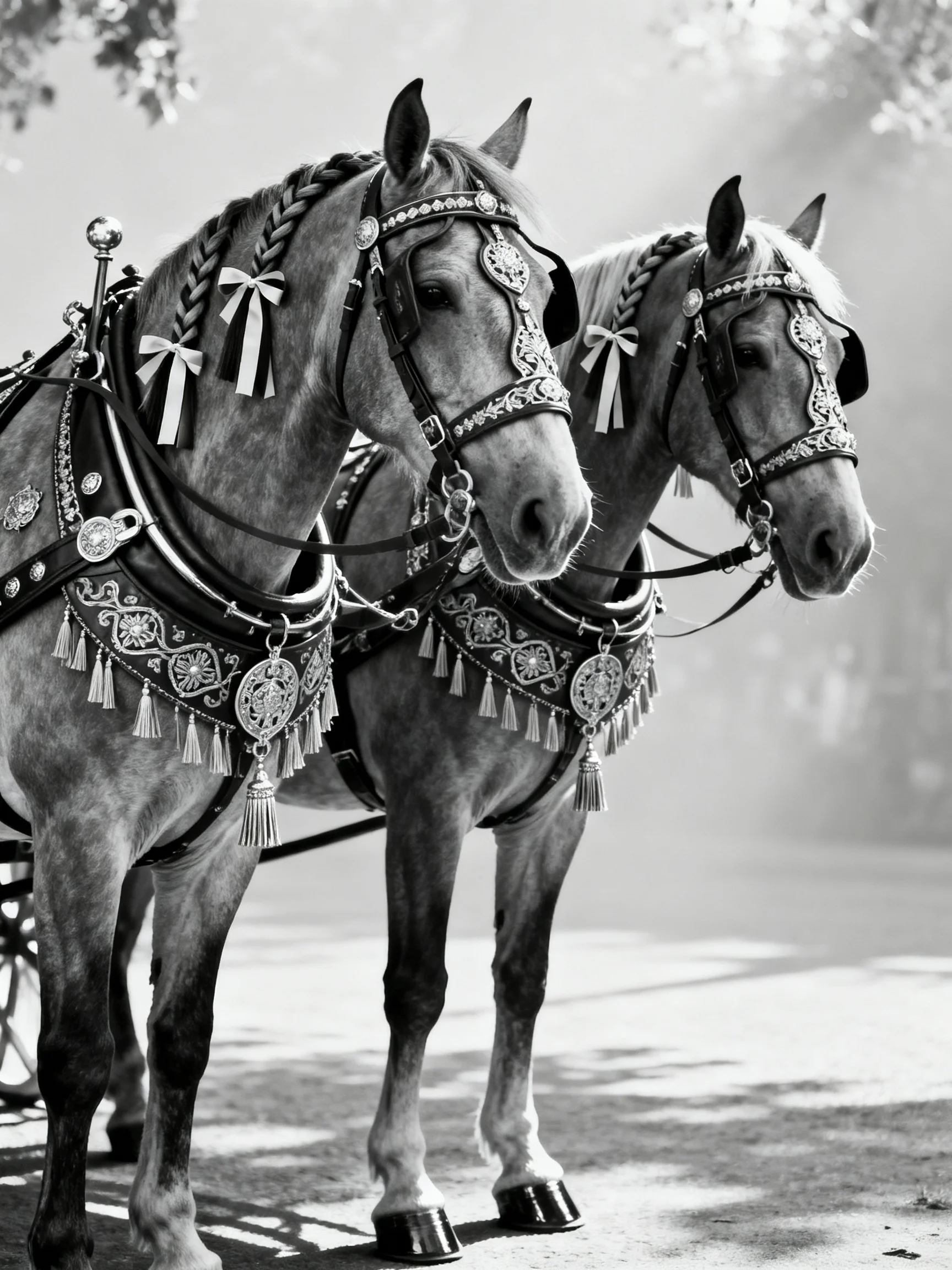 Two horses with ornate harnesses stand side by side