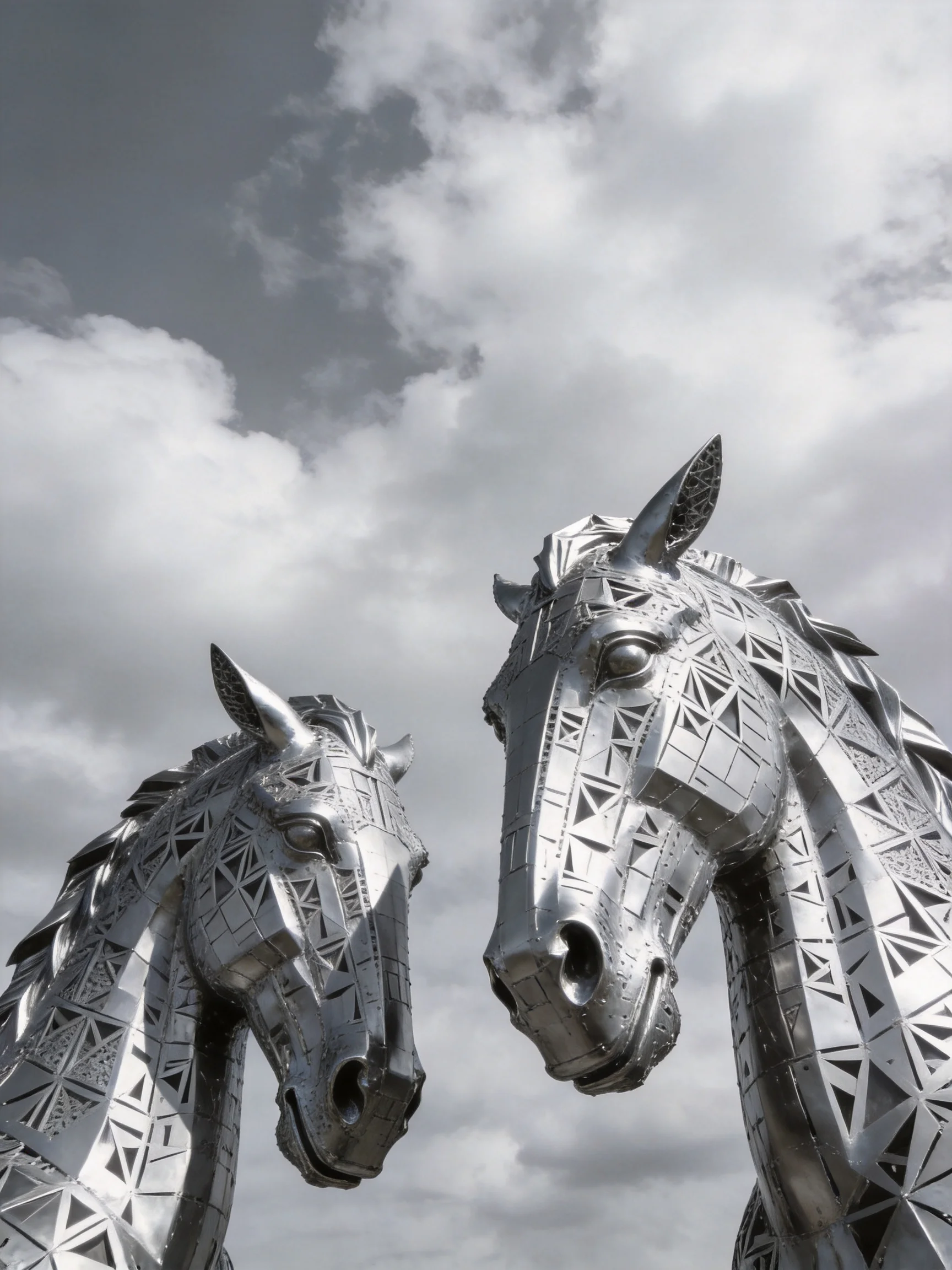 Two large silver horse head sculptures under a cloudy sky