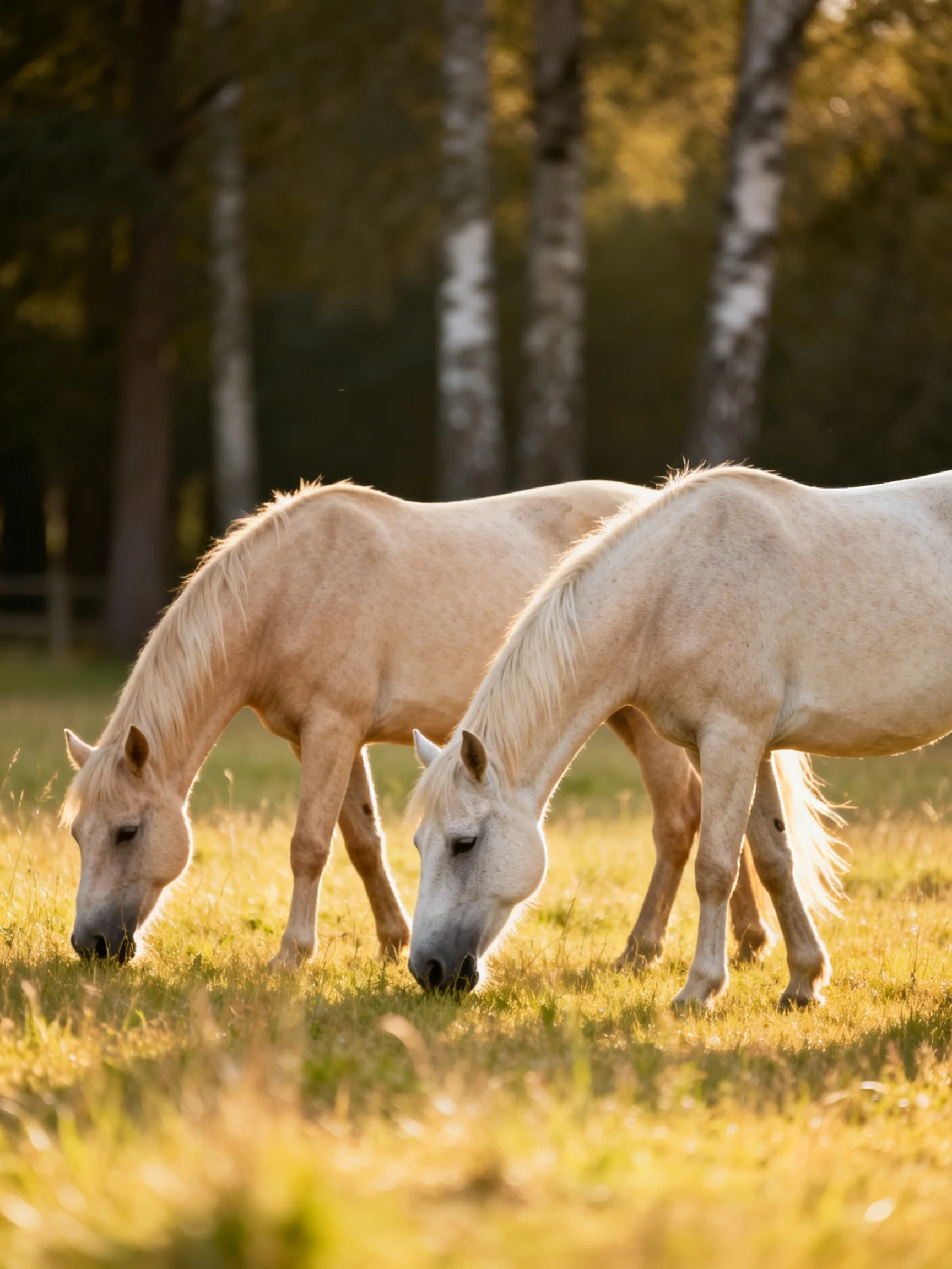 Two light - colored horses graze in a sunlit meadow with tall trees