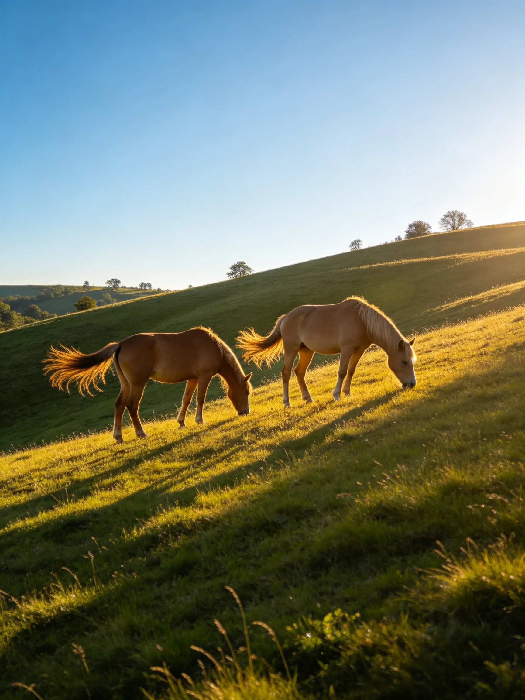 Two light brown horses graze on sunlit rolling green hills
