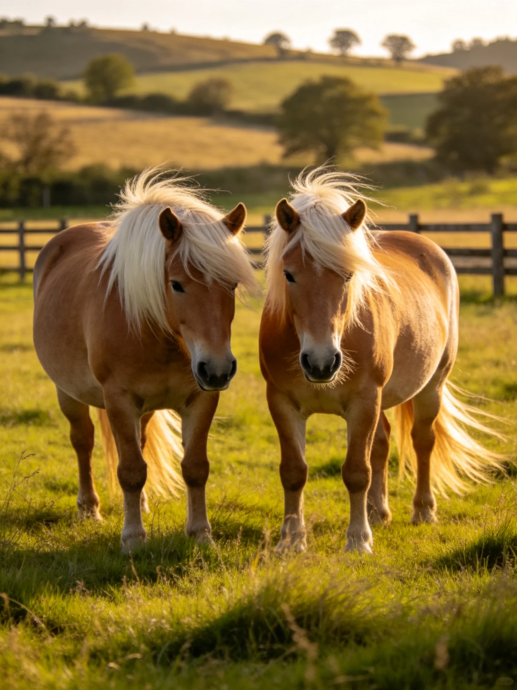 Two light brown ponies with flowing white manes in a sunlit meadow