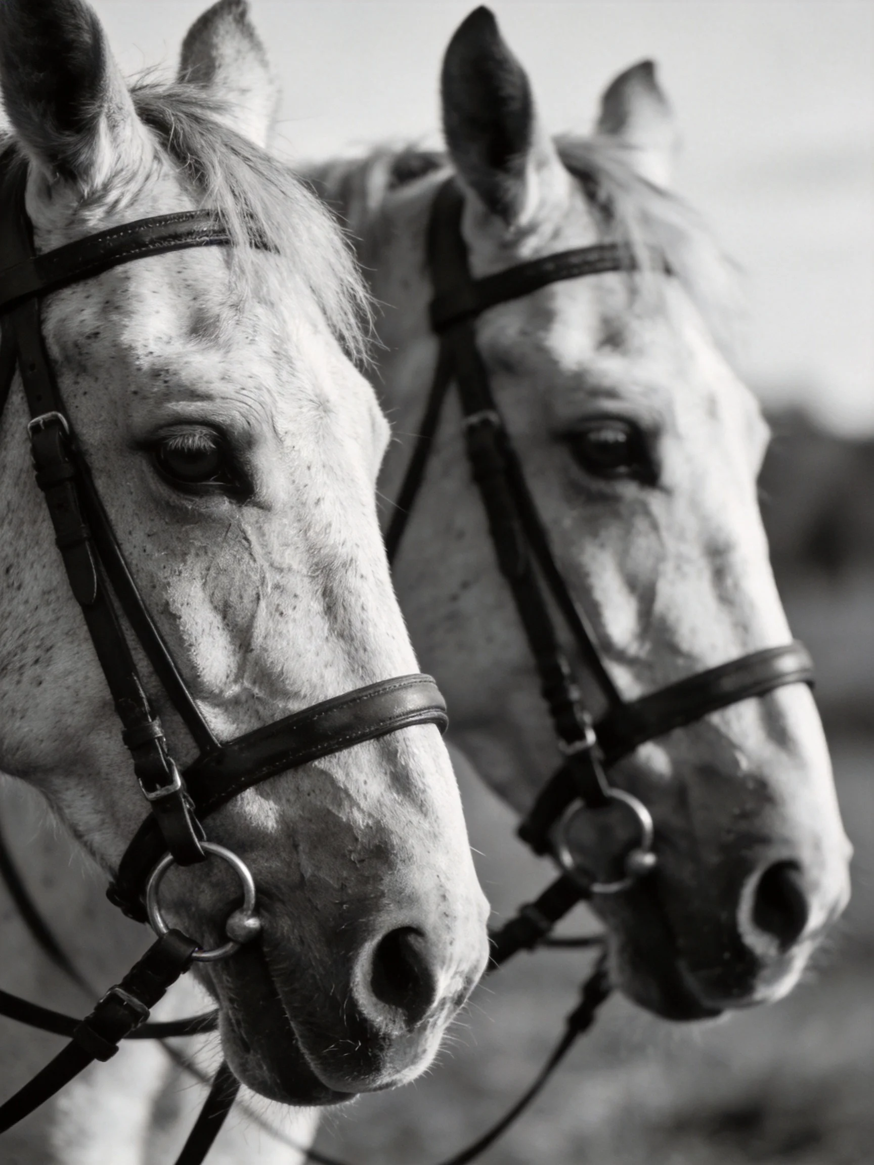 Two horses with bridles are shown up close in a grayscale photo.