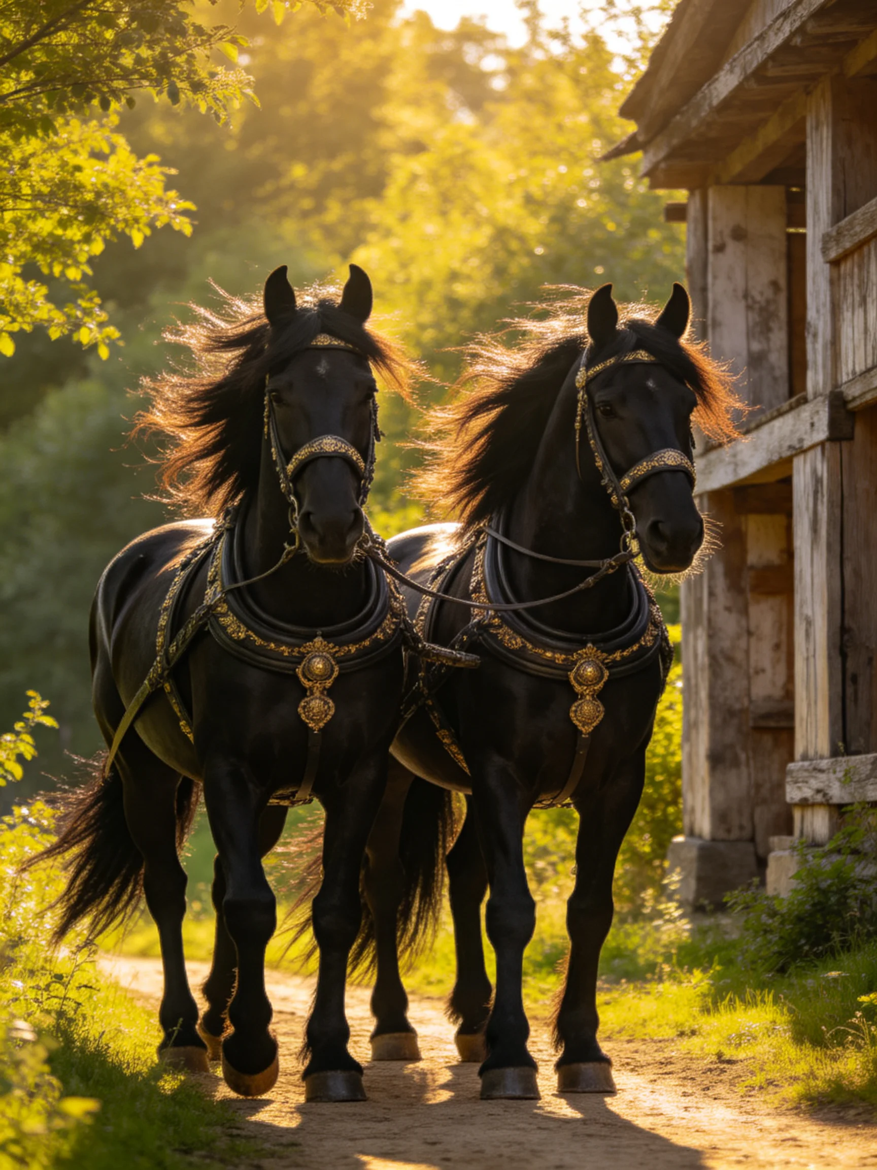 Two majestic black horses adorned with golden harnesses near an old wooden structure