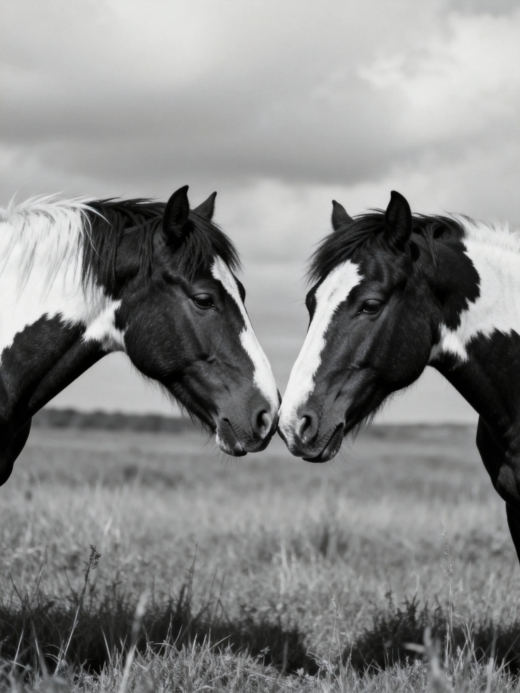 Two paint horses nuzzling in a grassy field under cloudy skies
