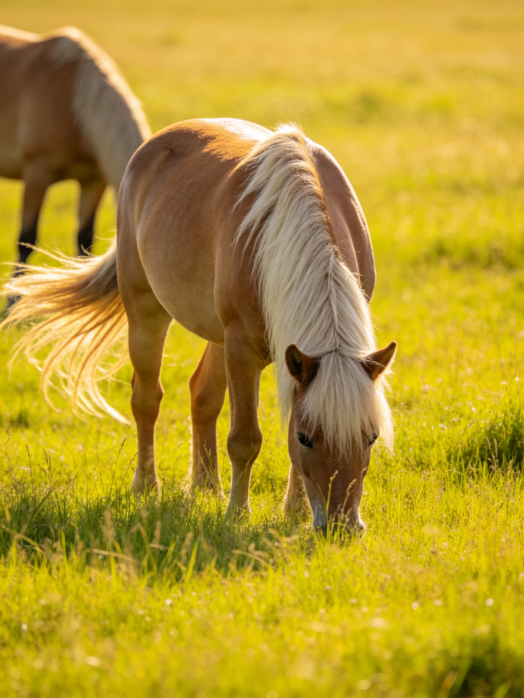 Two palomino horses graze in a sun-drenched golden meadow