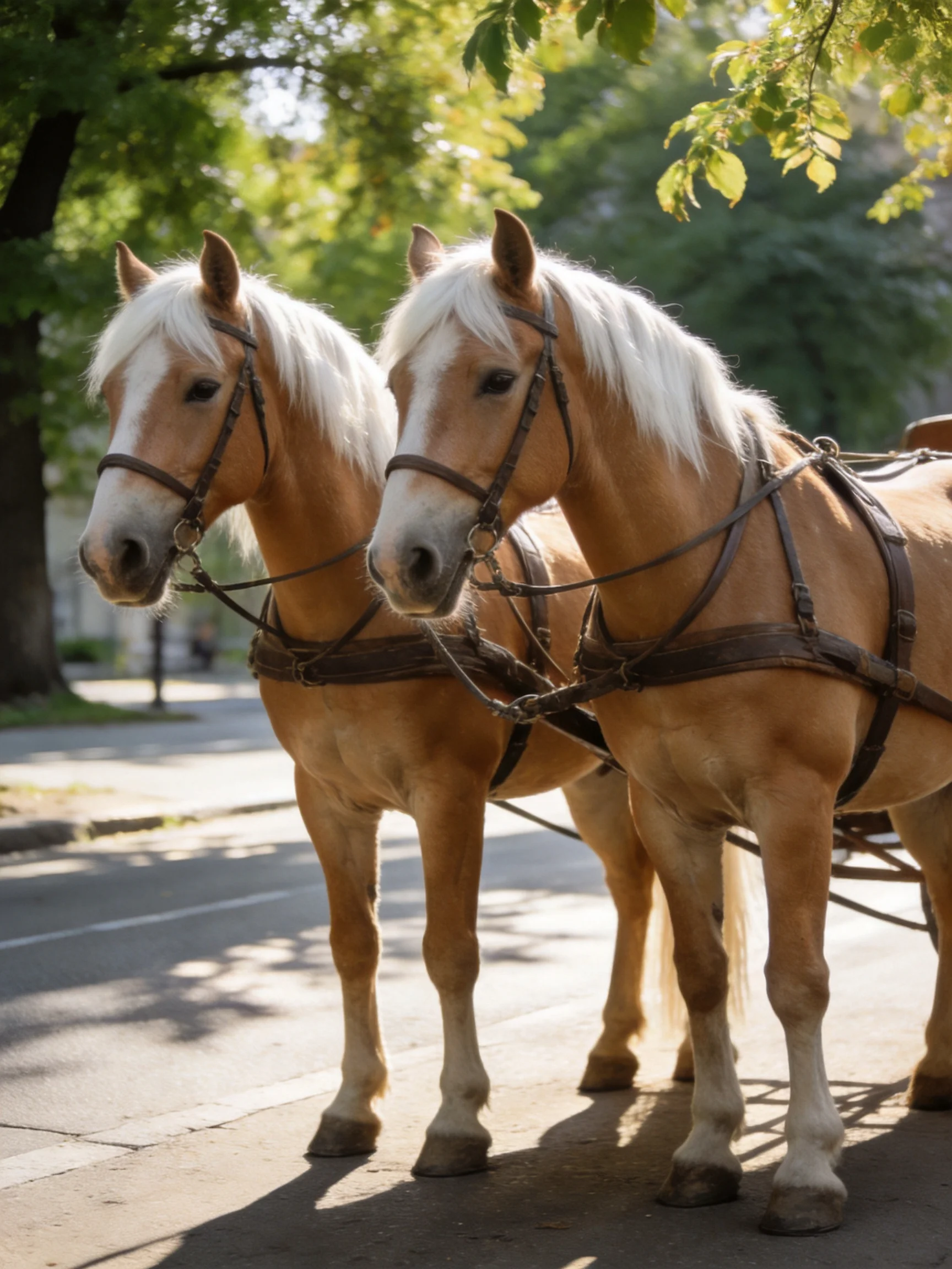 Two palomino horses with white manes harnessed on a sunlit street
