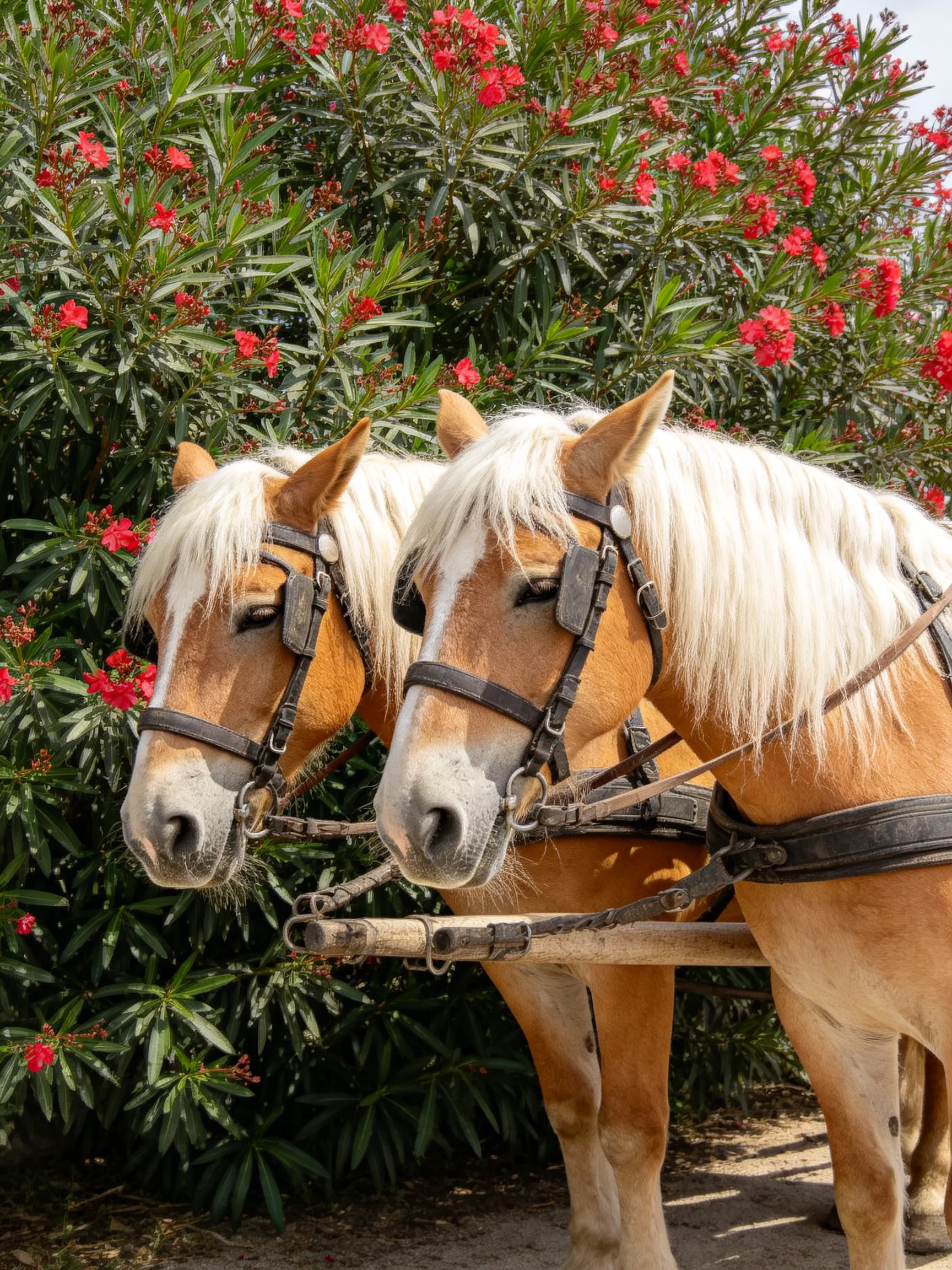 Two palomino horses with white manes near vibrant red-flowered bushes