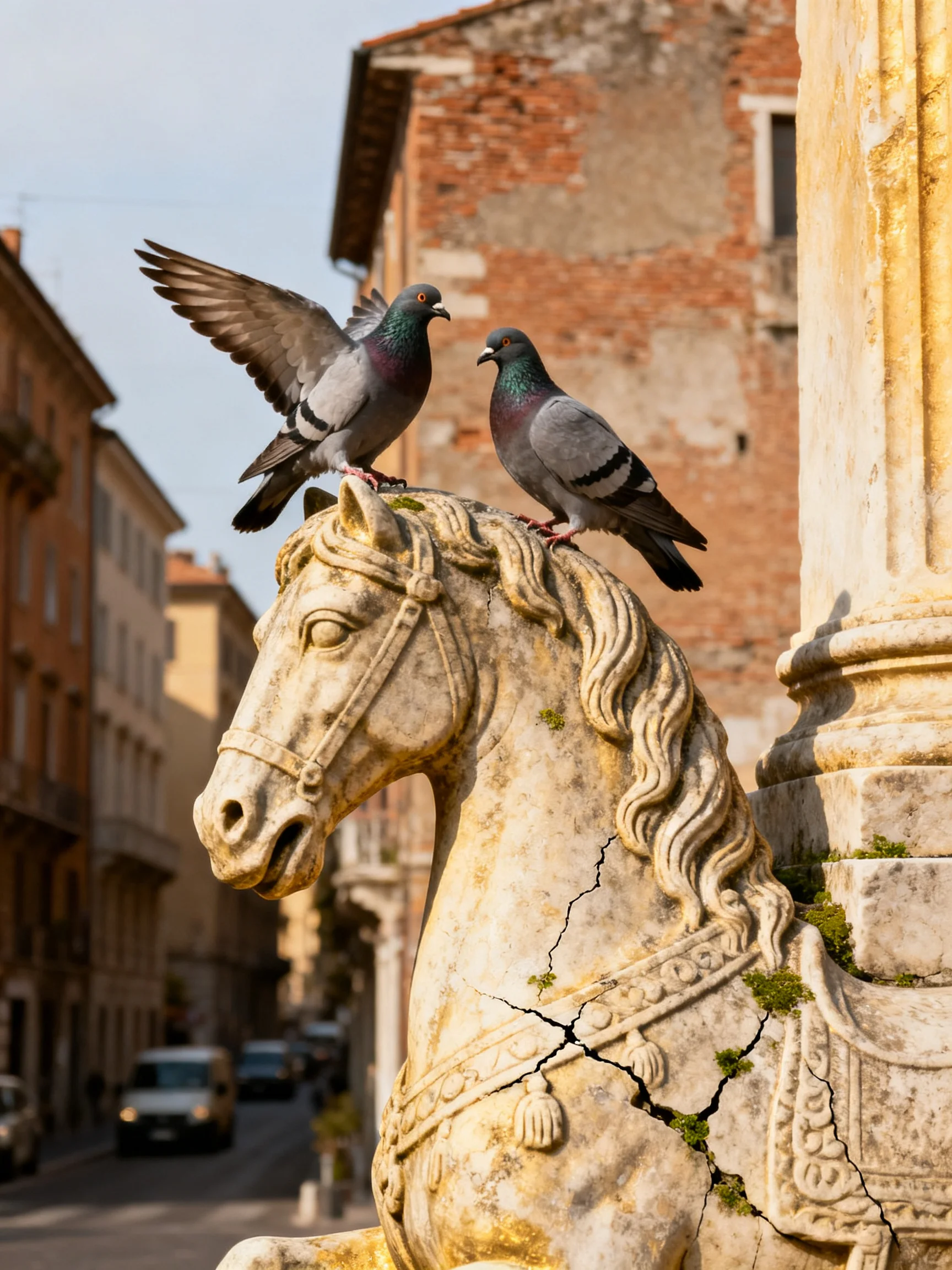 Two pigeons perch on a weathered stone horse statue near brick buildings