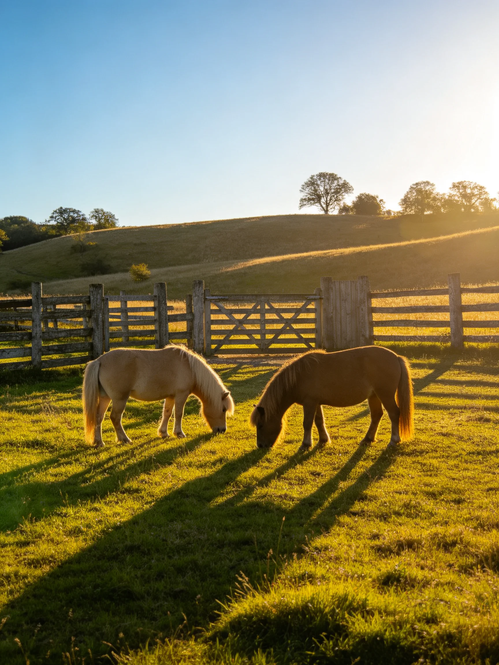 Two ponies graze in a golden field near a wooden fence