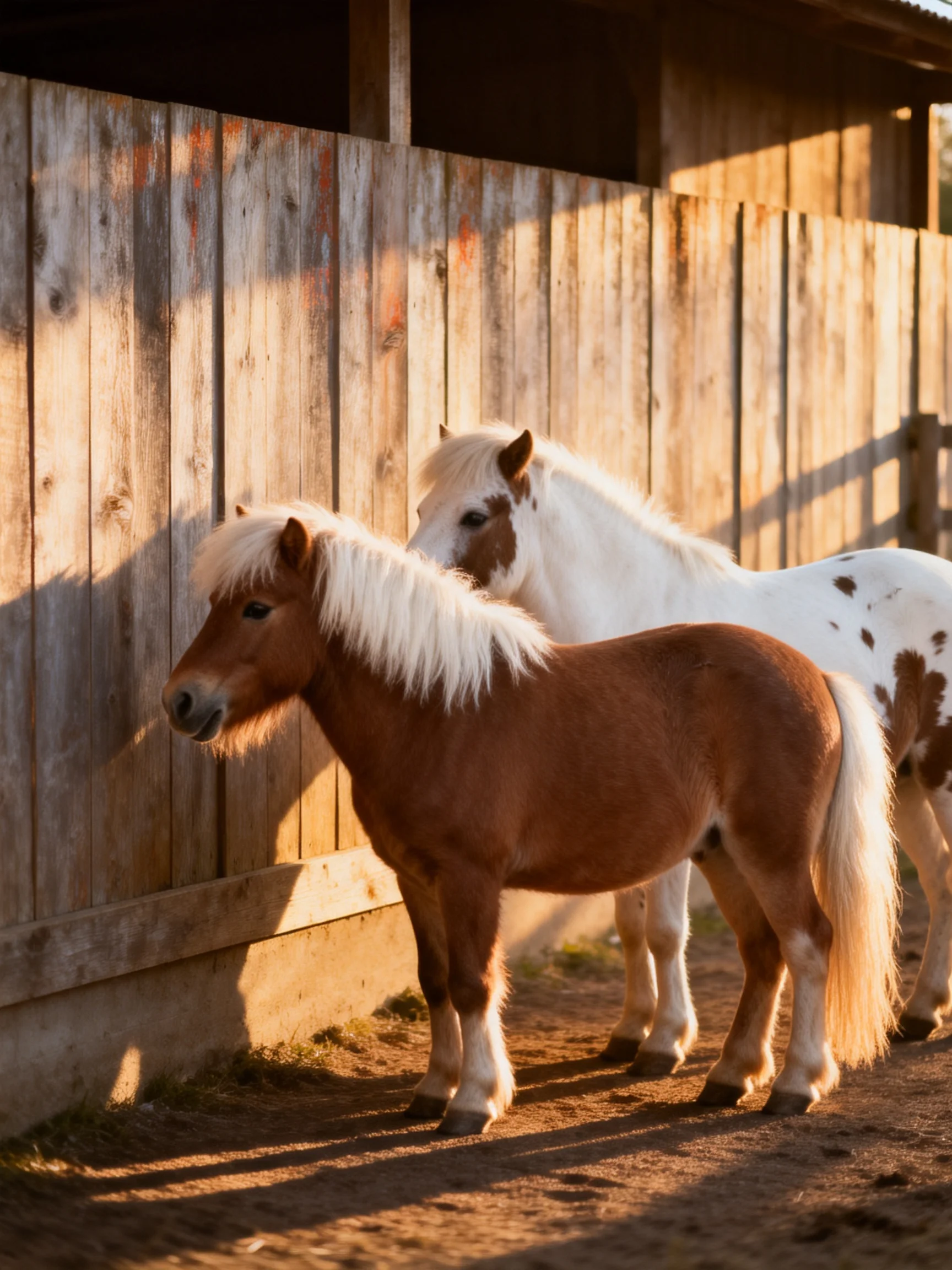 Two ponies—one brown, one spotted white—stand beside a weathered wooden fence