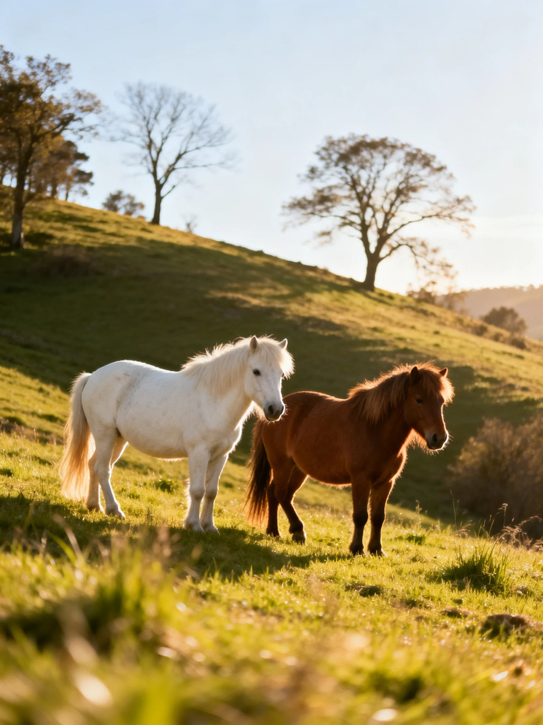 Two ponies, one white and one brown, graze on a sunlit grassy hillside