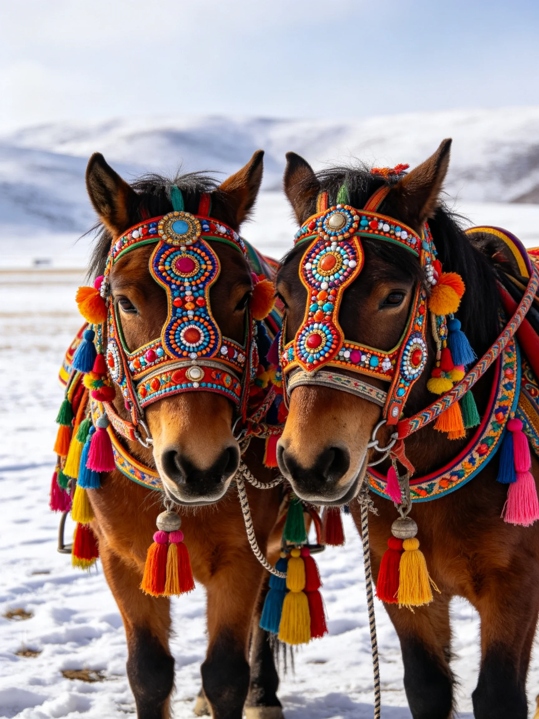 Two ponies wearing elaborate colorful headpieces on snow - covered terrain