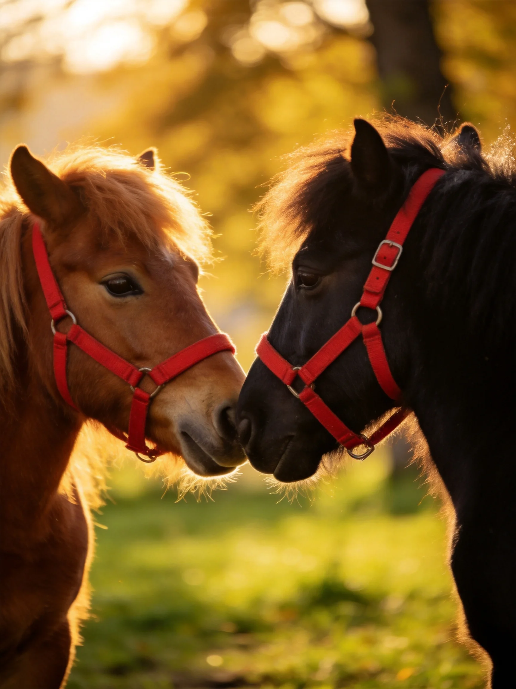 Two ponies with red halters nuzzle in golden sunlight