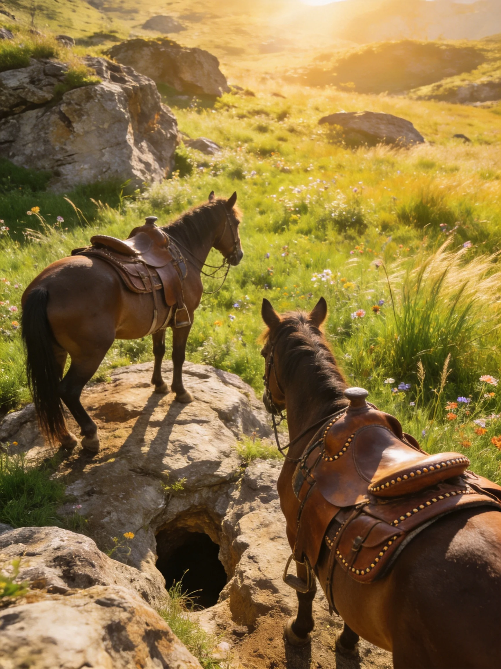 Two saddled brown horses near rocky terrain in sunlit meadow
