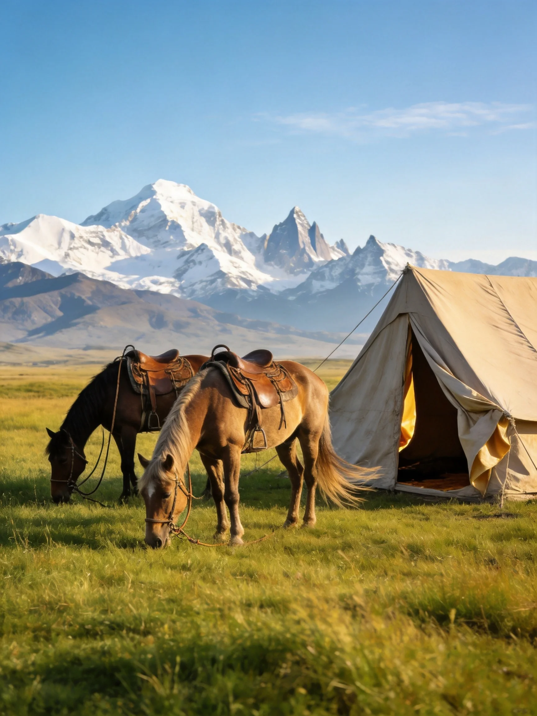 Saddled horses graze near a tent with snow-capped mountains.