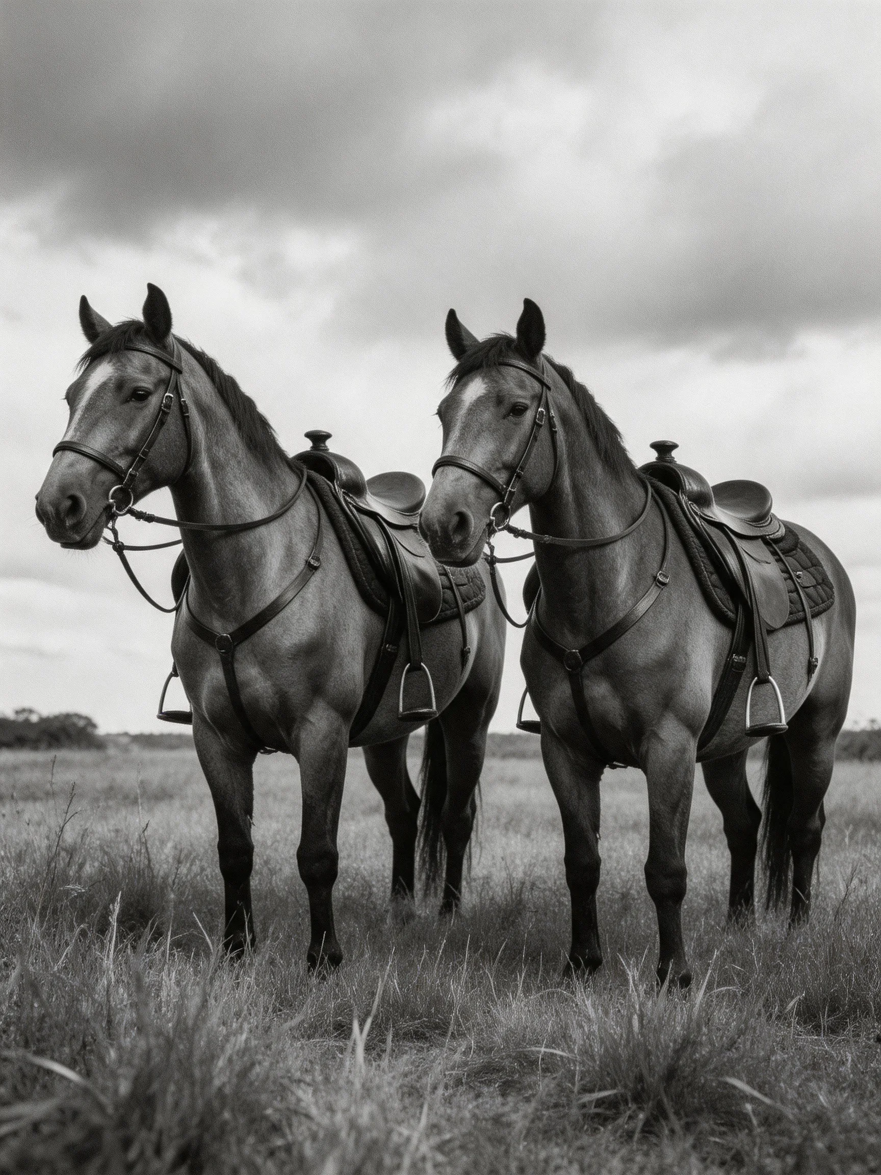 Two saddled horses stand in a grassy field under cloudy skies