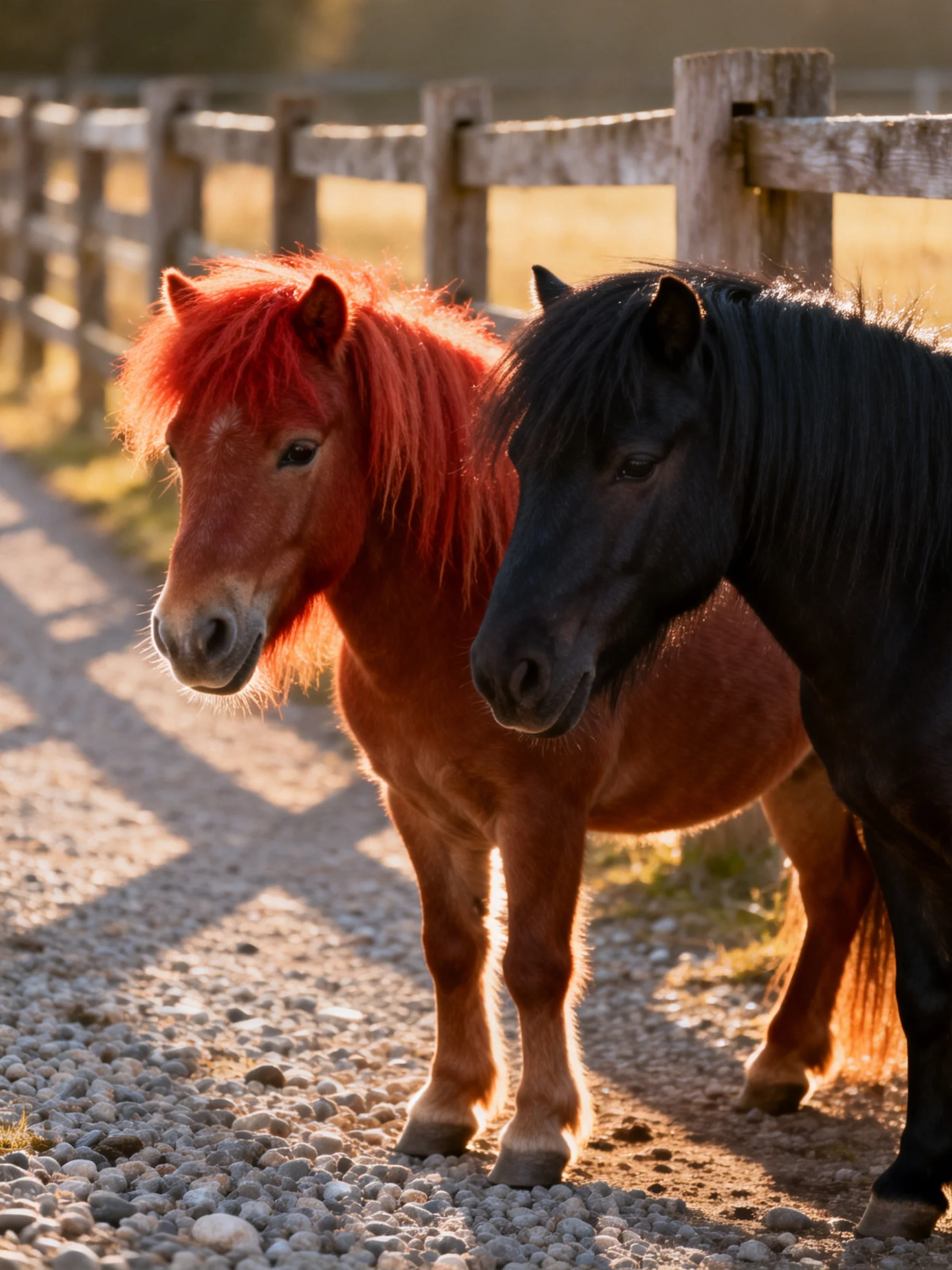 Two small ponies, red and black, near a wooden fence on a gravel path