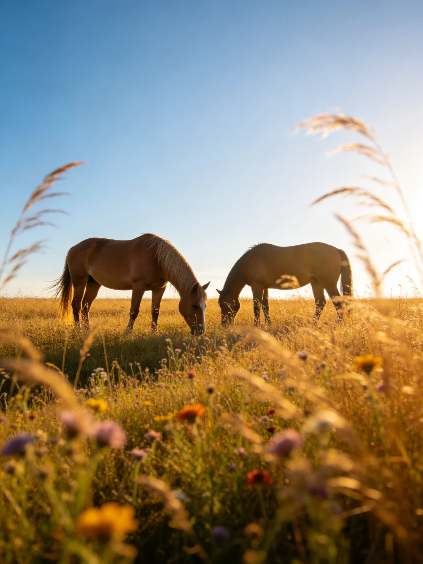 Two tan horses graze in a sunlit meadow with wildflowers.