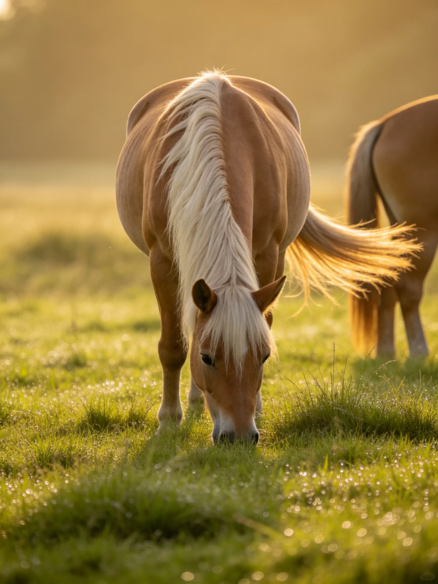 Two tan horses graze in a sunlit green meadow