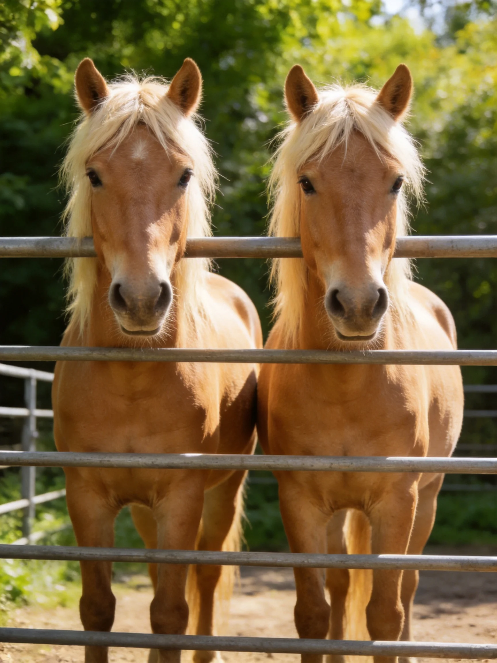 Two tan horses with blonde manes behind metal bars in a sunlit enclosure