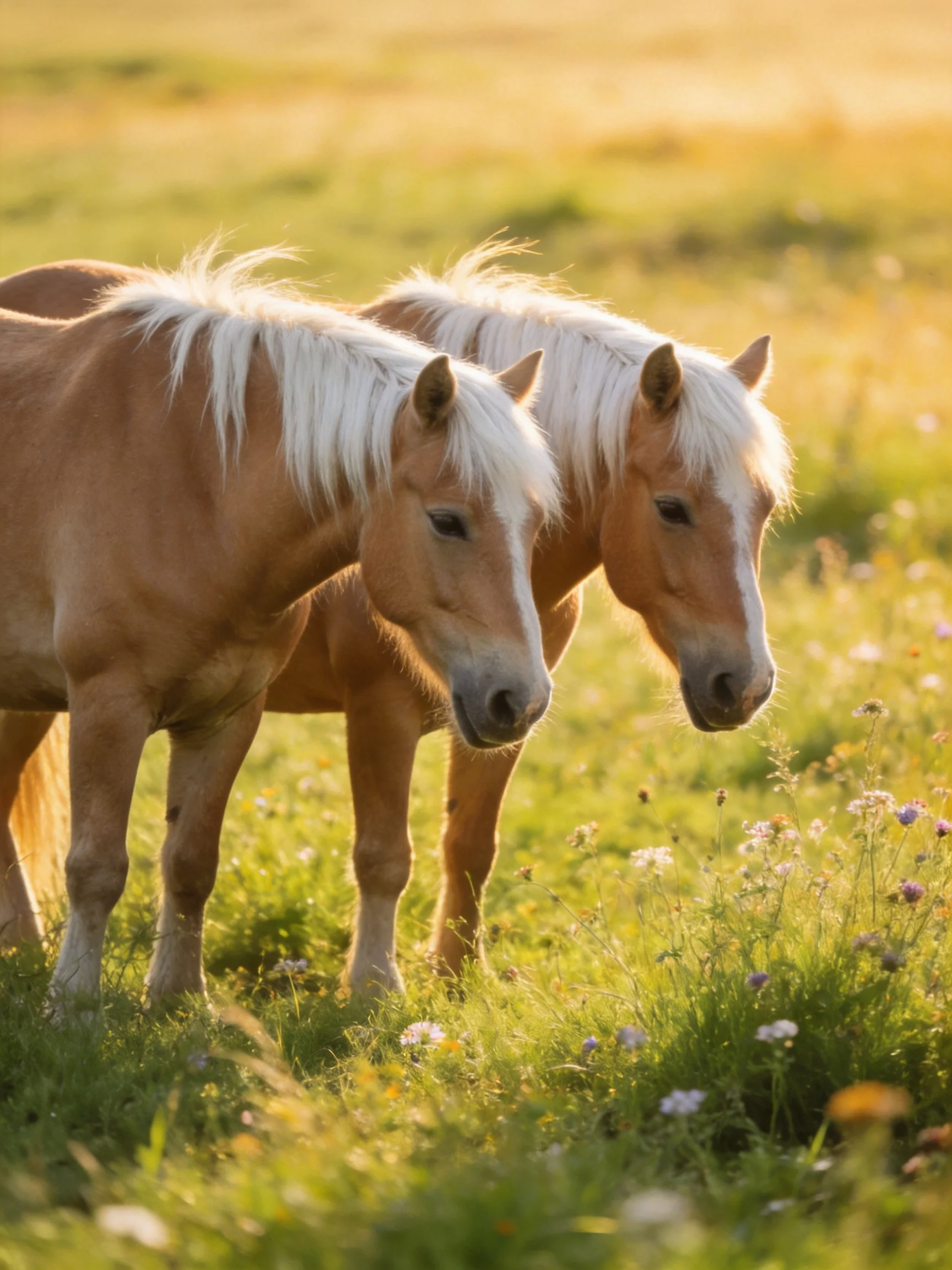 Two tan horses with white manes graze in a sunlit meadow of wildflowers