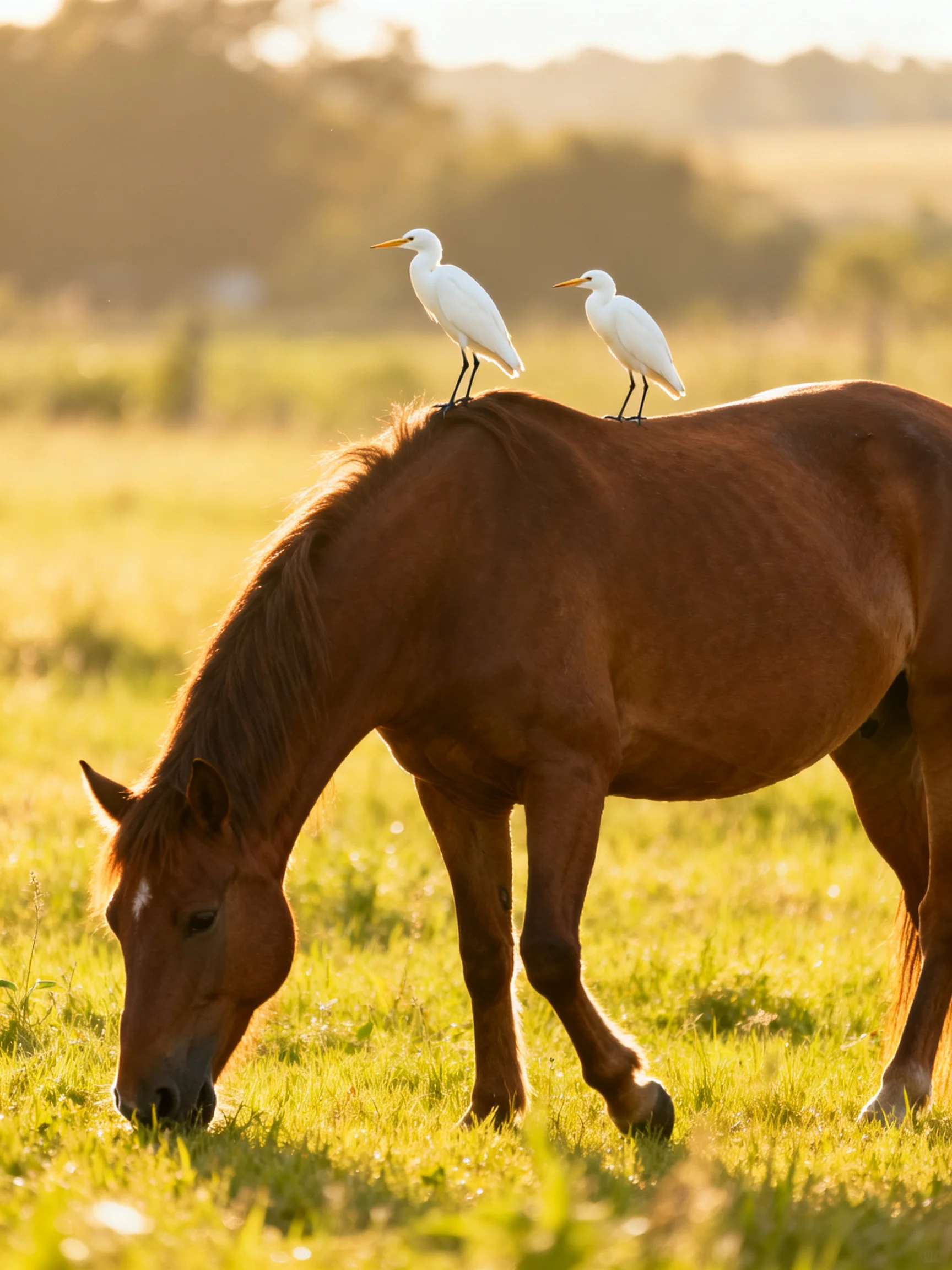 Two white egrets rest atop a chestnut horse in a sunlit meadow