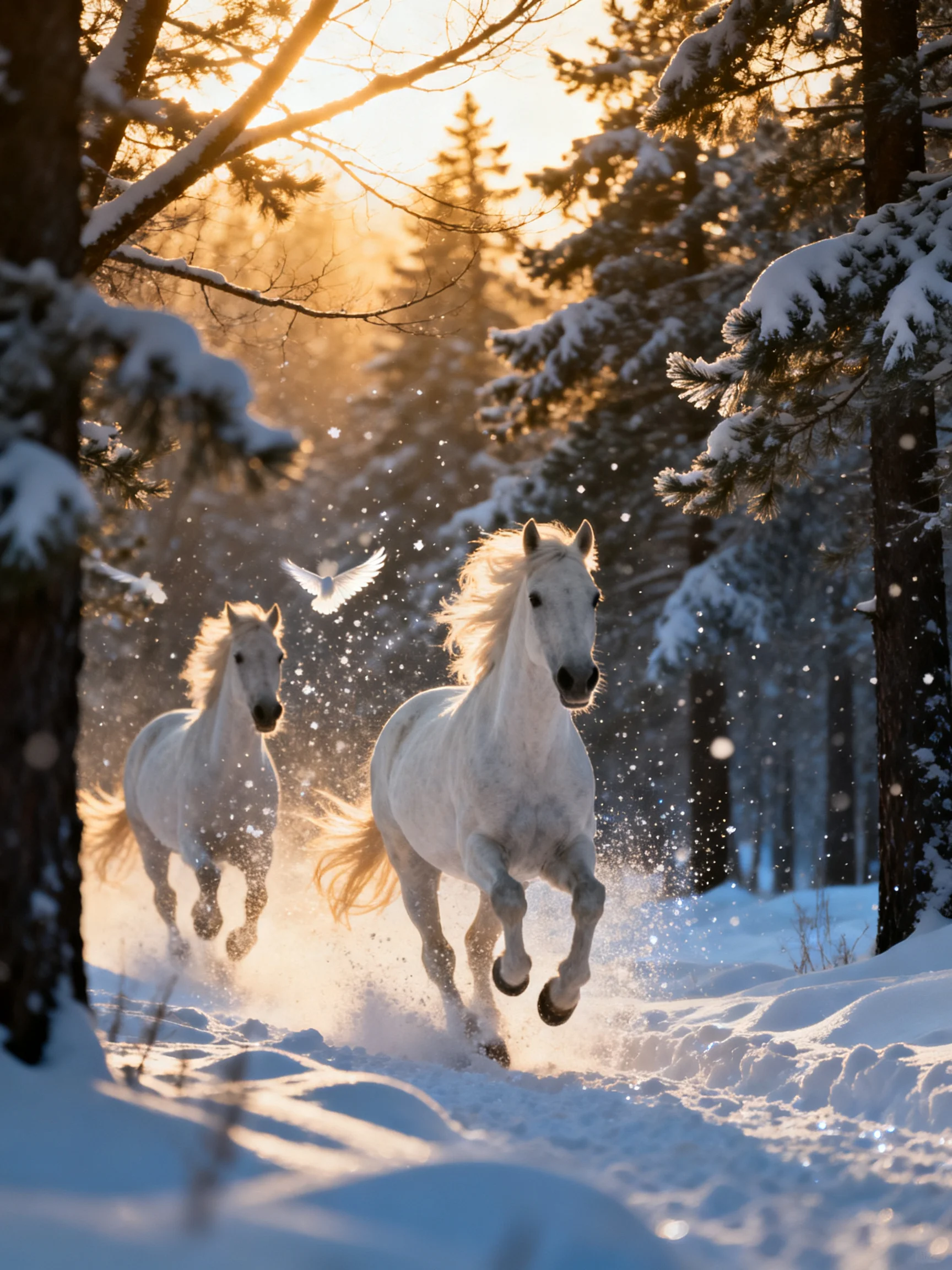 Two white horses gallop through a sunlit, snow - covered forest