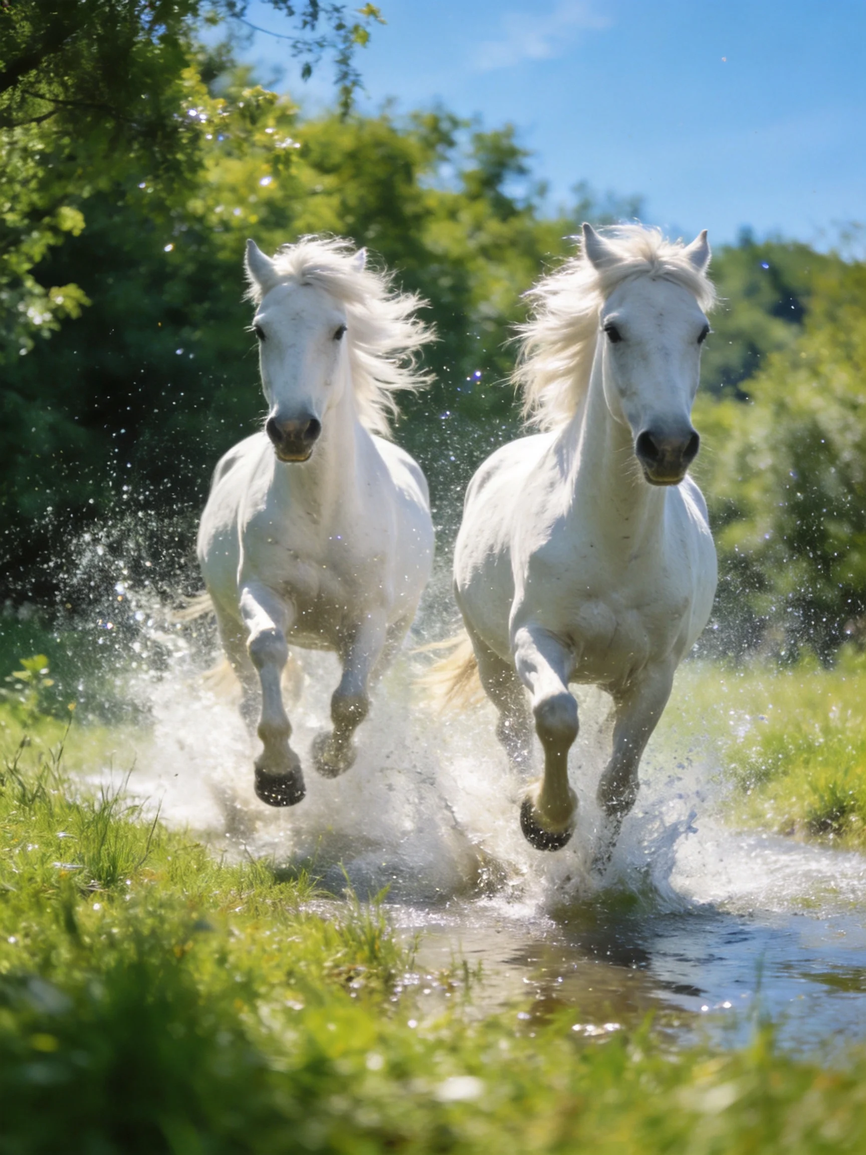 Two white horses gallop through splashing water amidst lush greenery