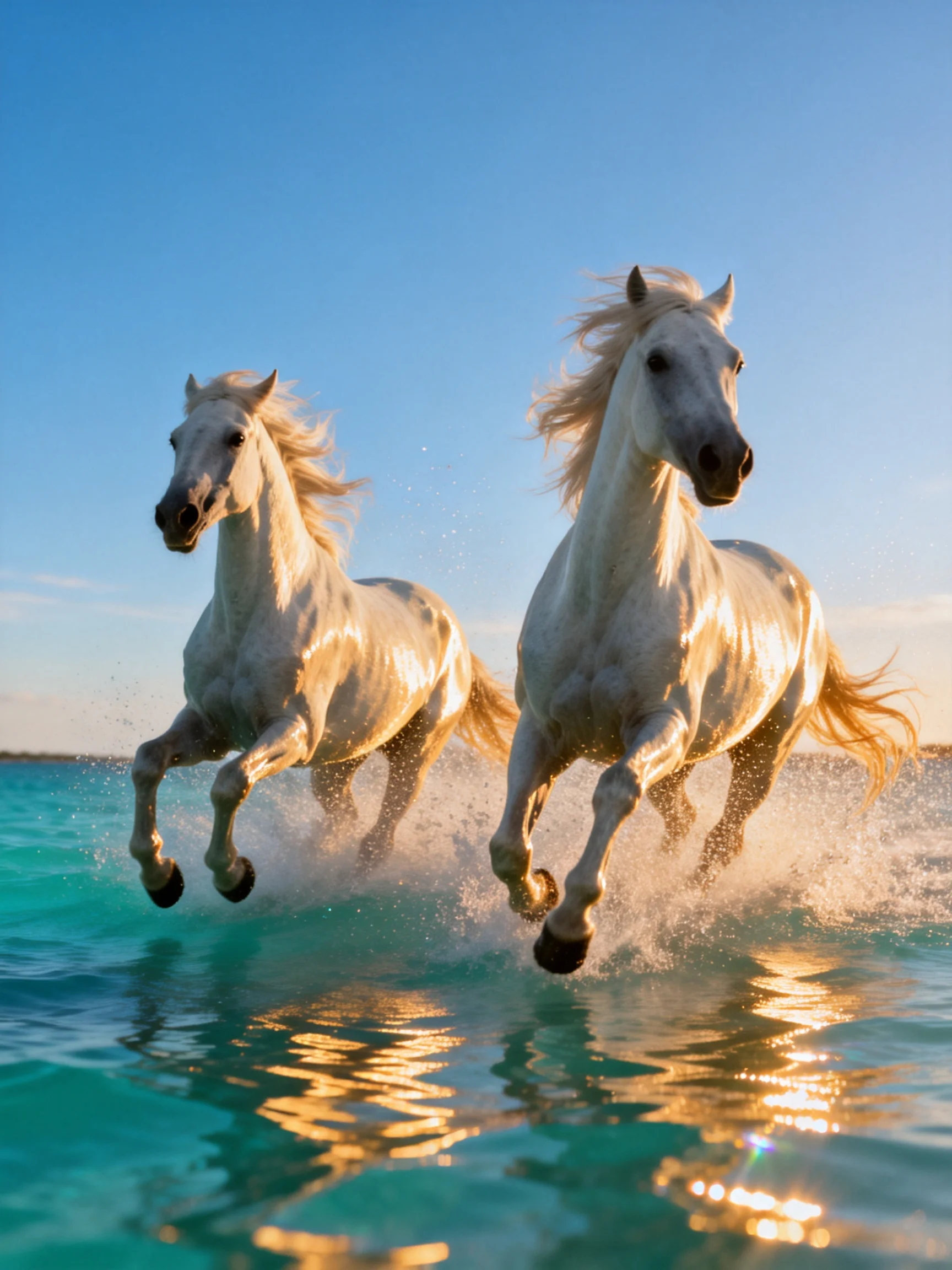 Two white horses gallop through turquoise waters under a clear blue sky