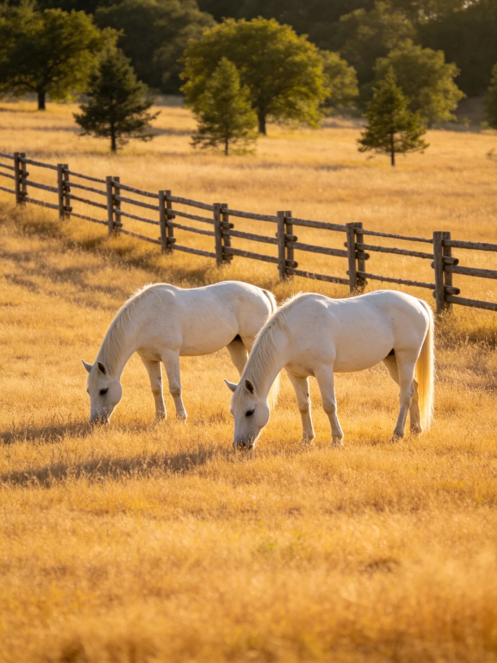 Two white horses graze in a golden field with a wooden fence