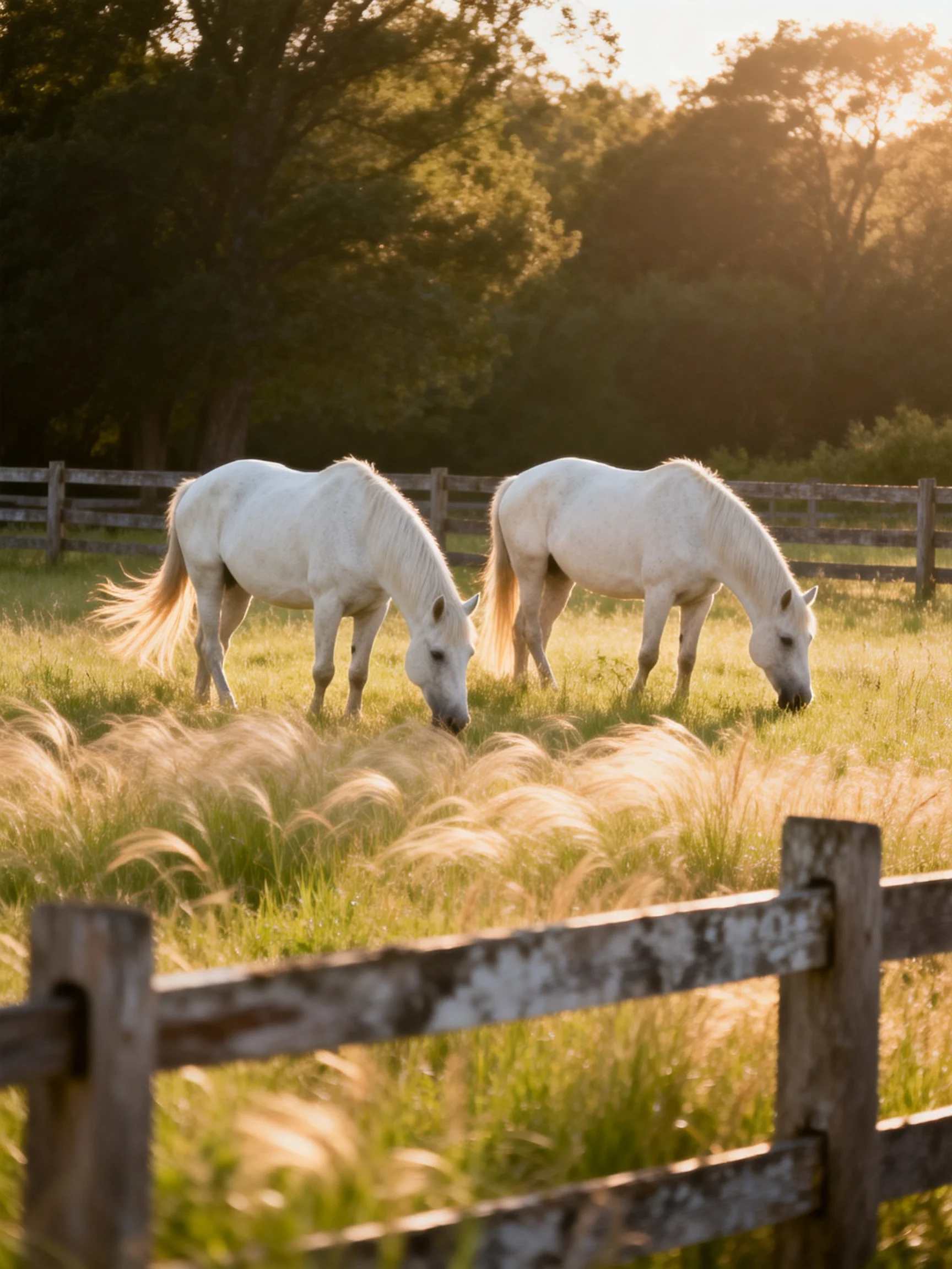 Two white horses graze in a sun-drenched pasture near weathered fences