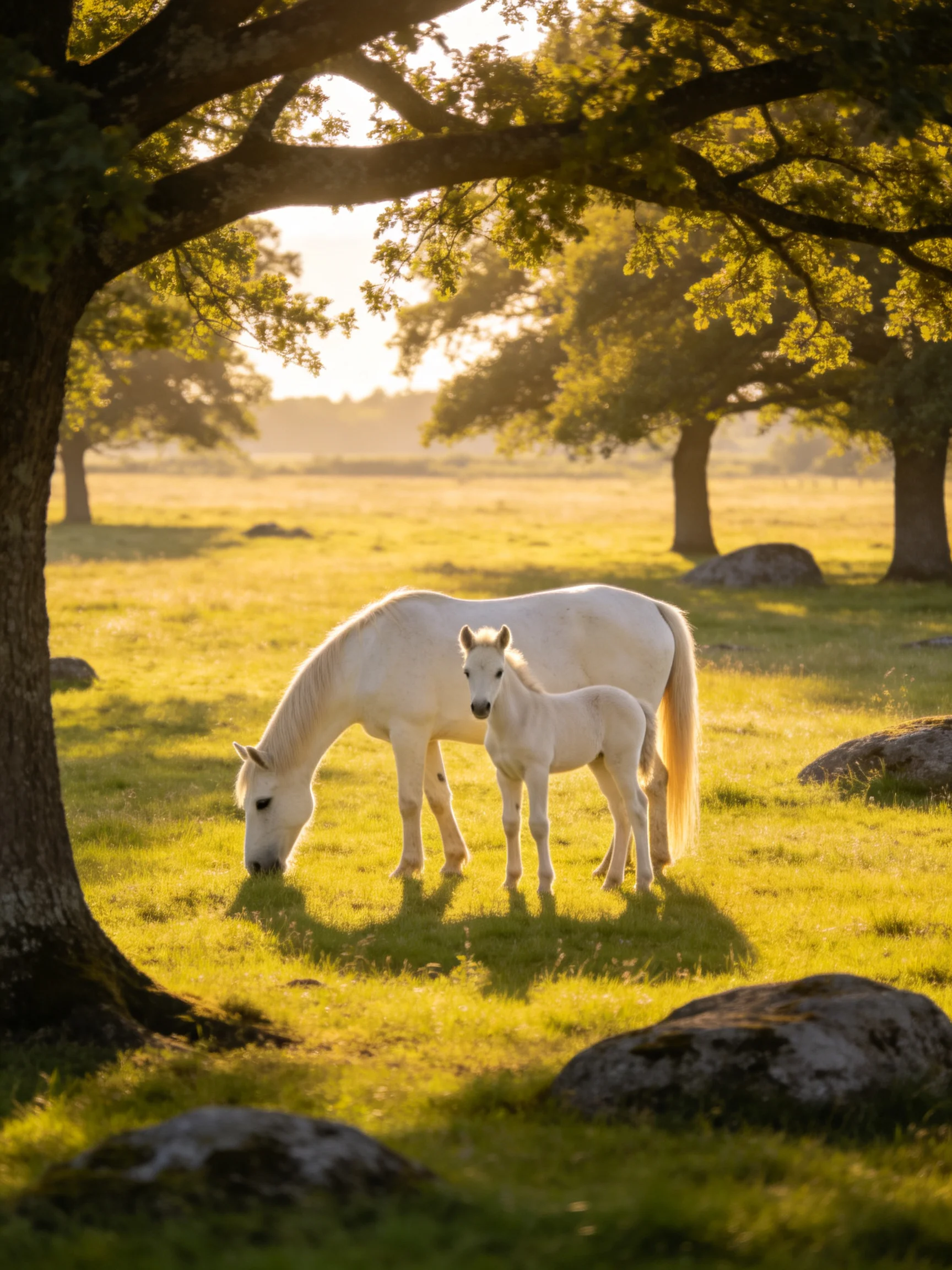 An adult white horse and foal graze in a sunlit meadow with trees