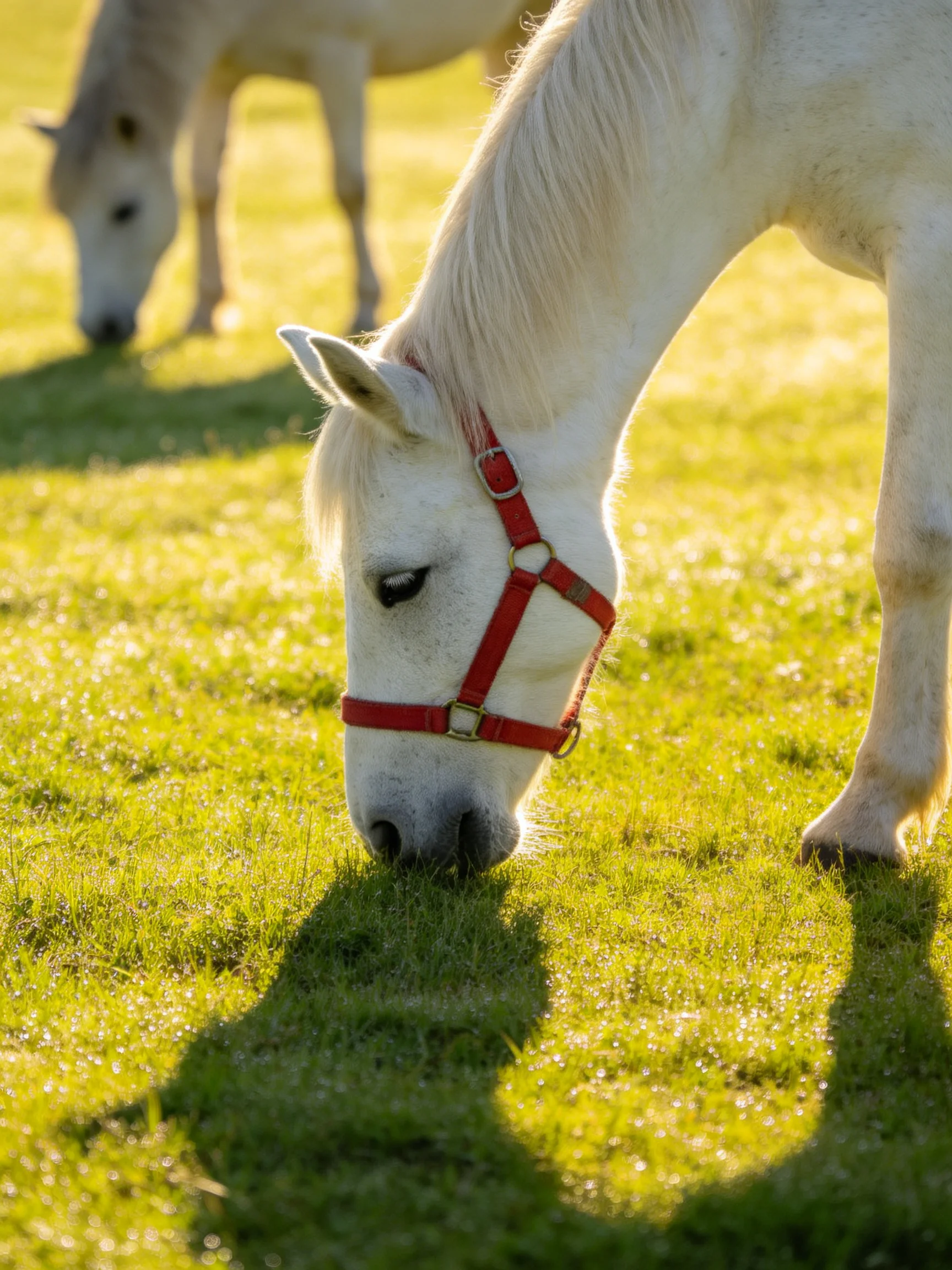 Two white horses graze in a sunlit green meadow with red halters