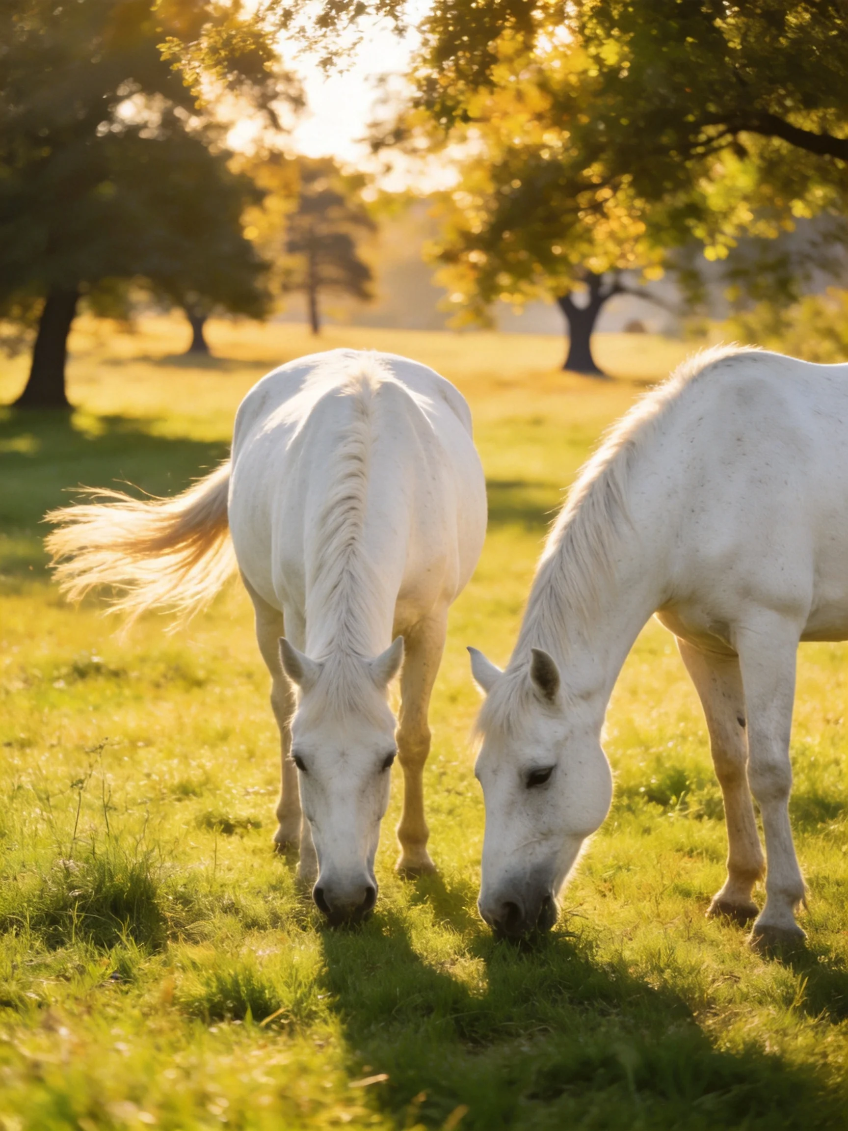 Two white horses graze in a sunlit green pasture with trees