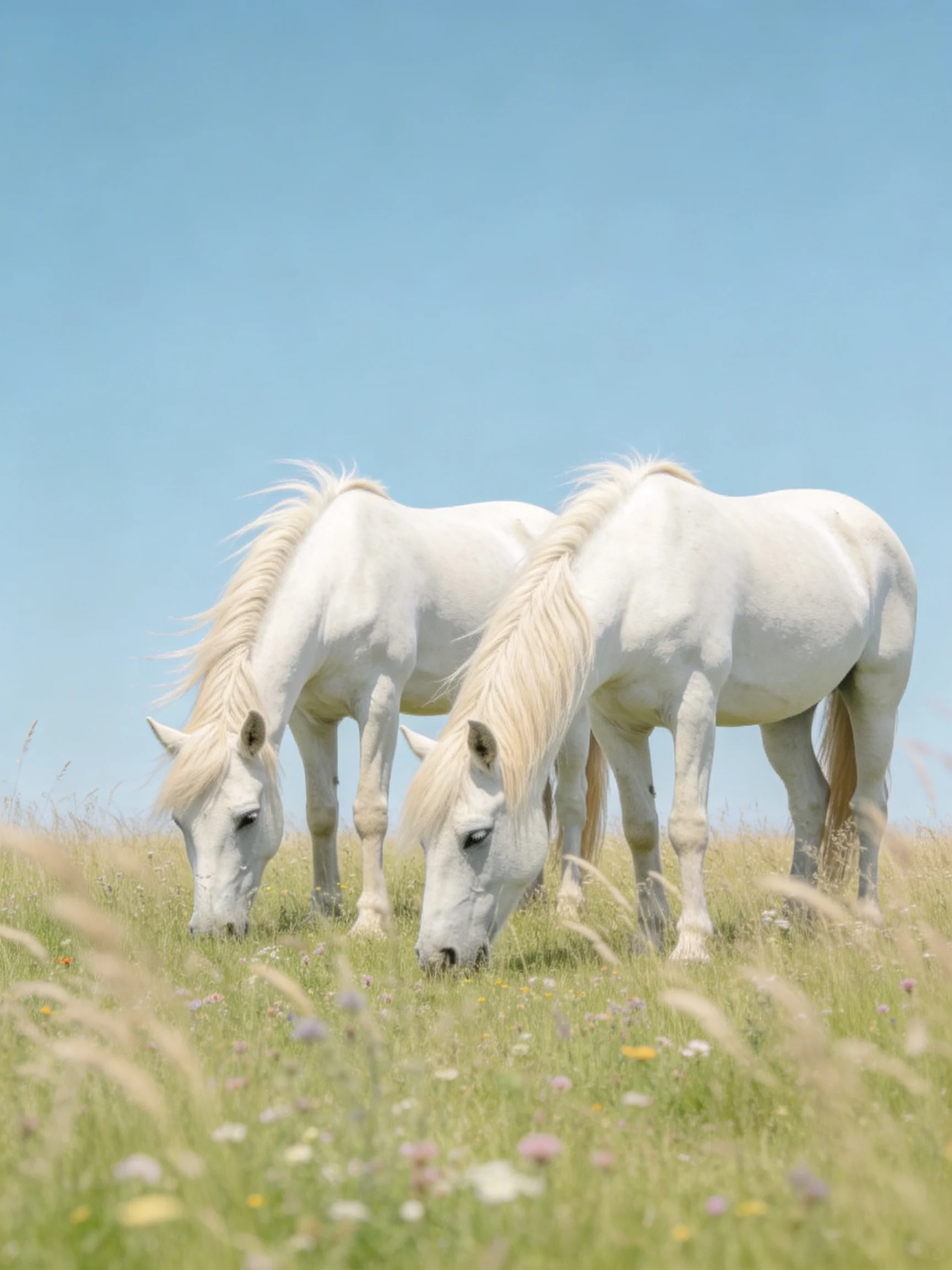 Two white horses graze in a sunny meadow with wildflowers