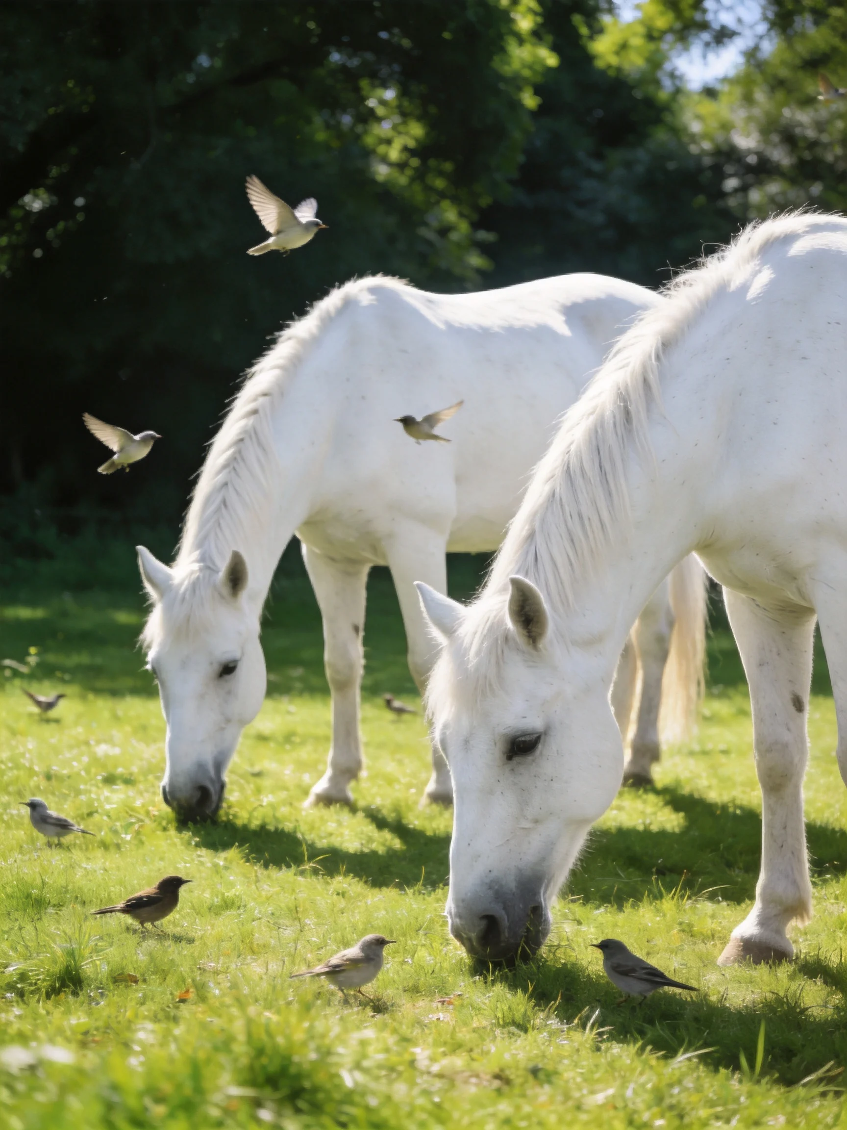 Two white horses graze with small birds nearby in a sunlit area.