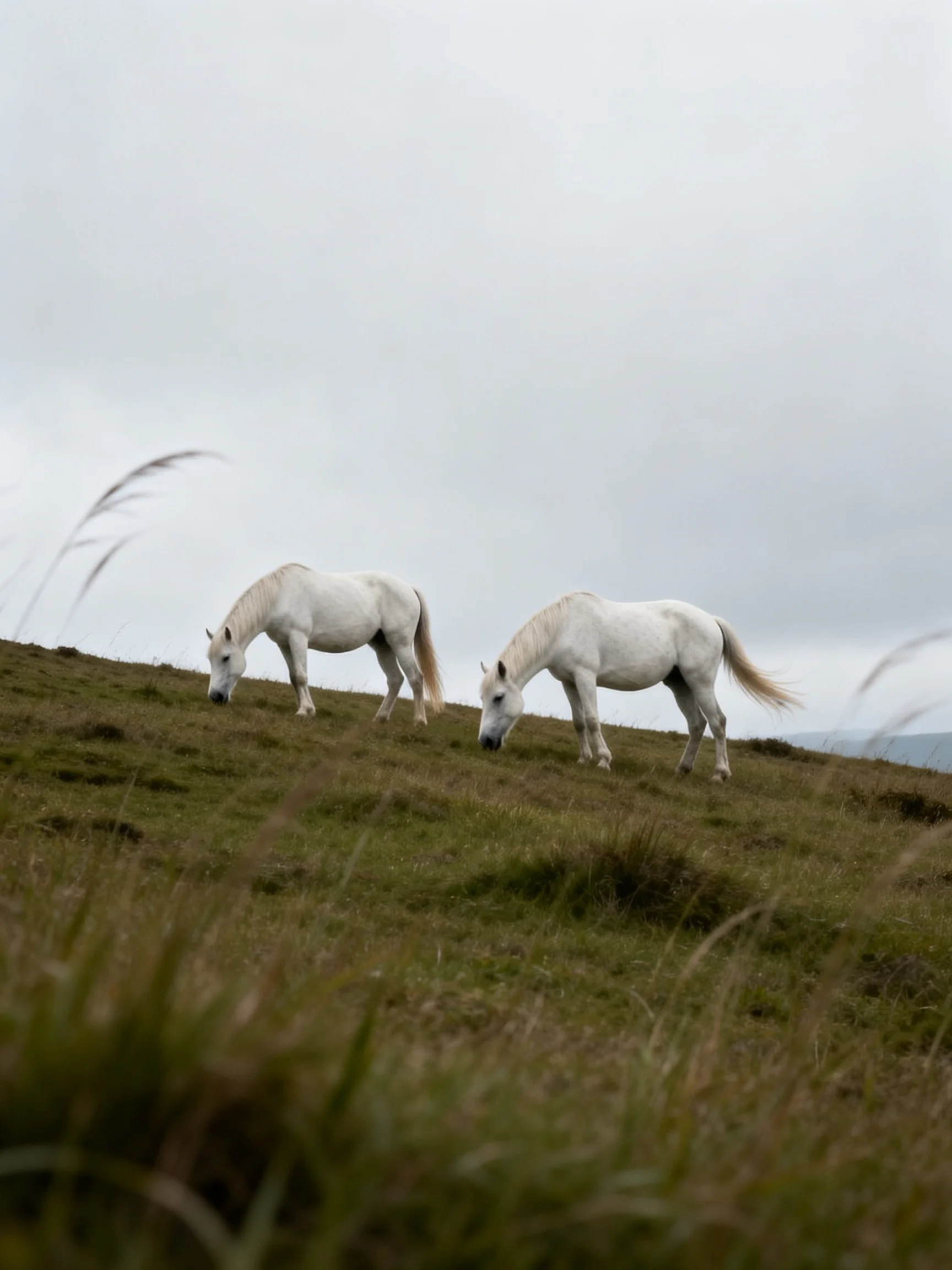 Two white horses graze on a misty green hillside