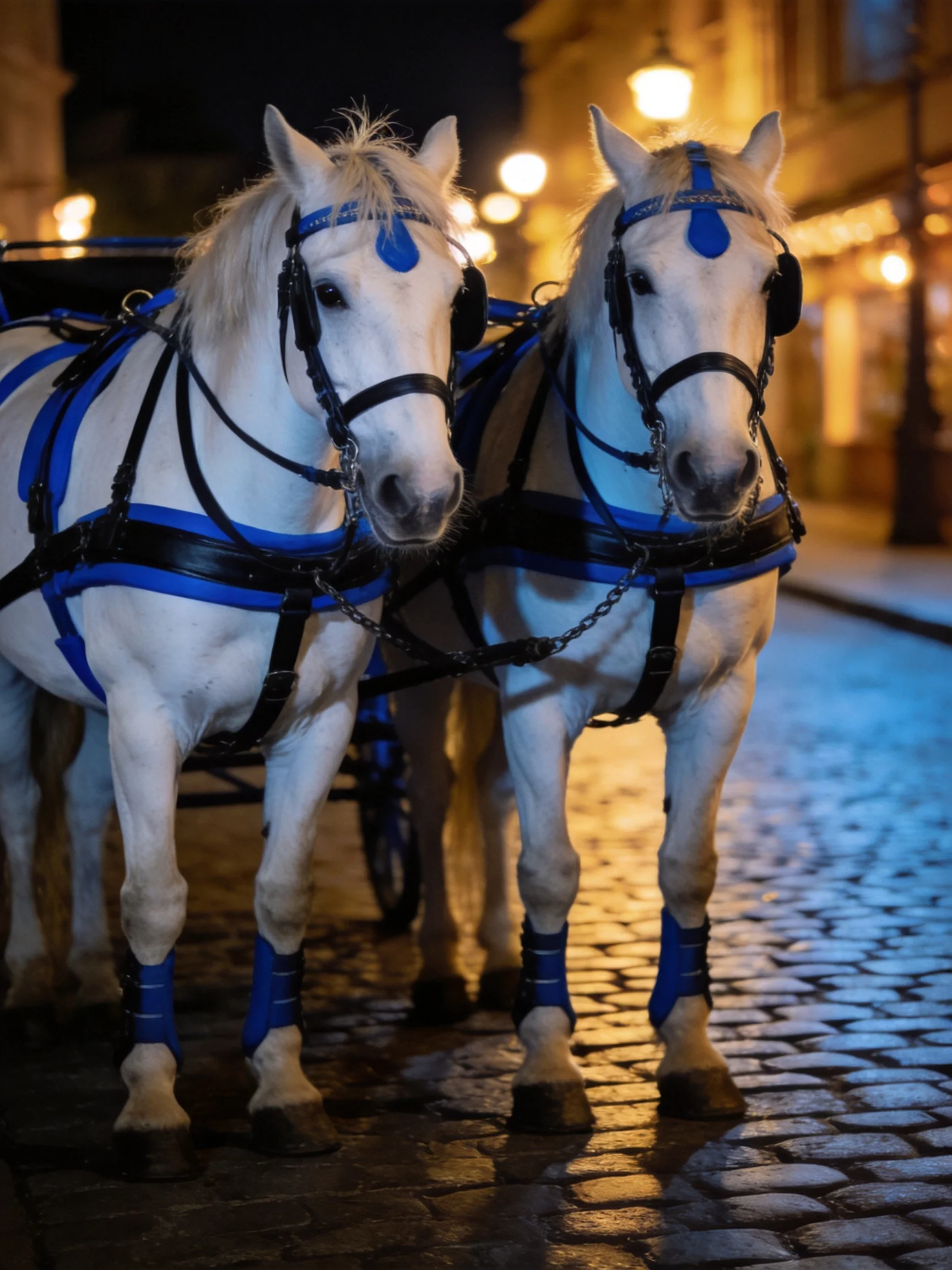 Two white horses stand harnessed together on a cobblestone street at night.