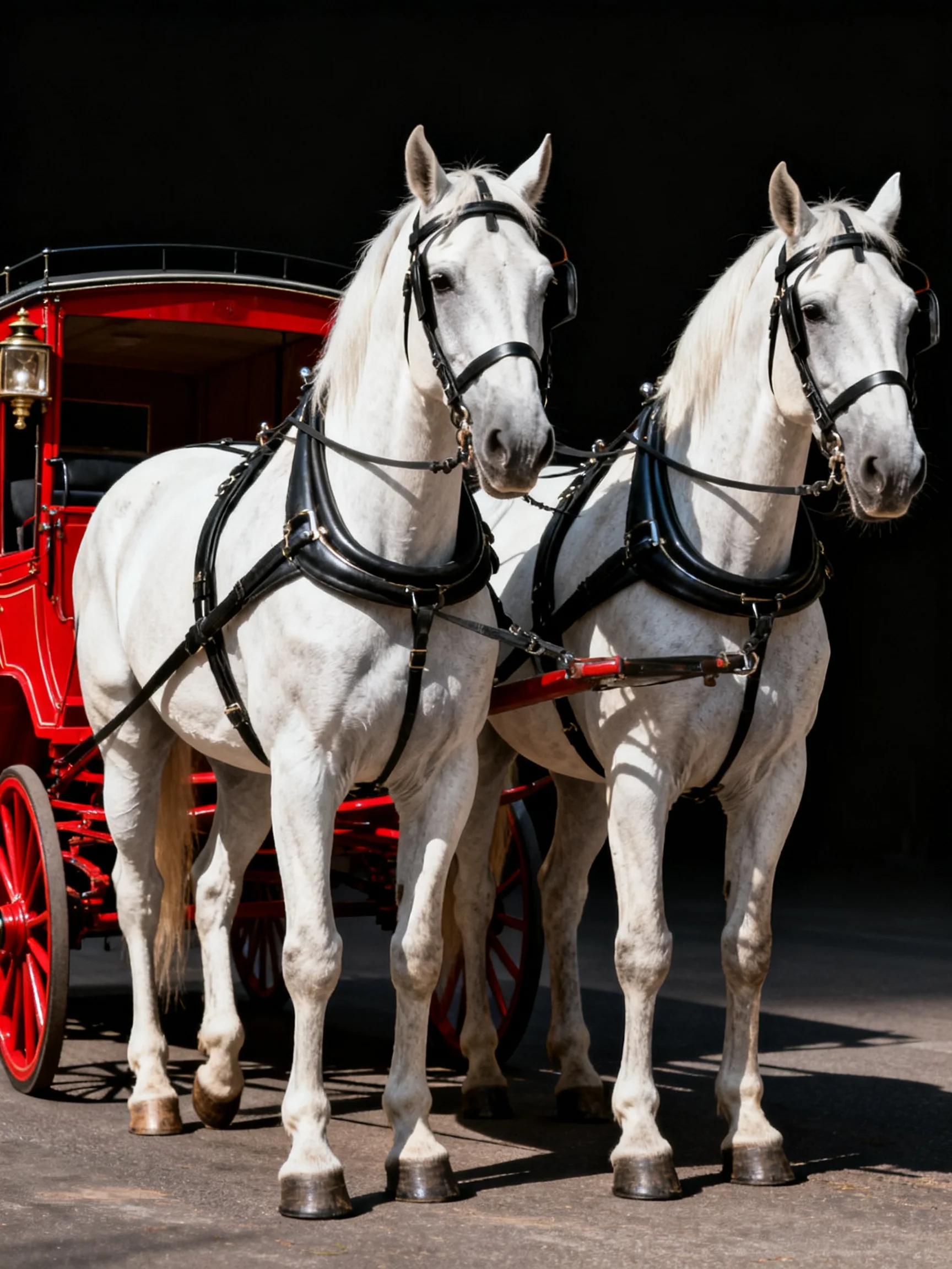 Two white horses harnessed to a bright red vintage carriage