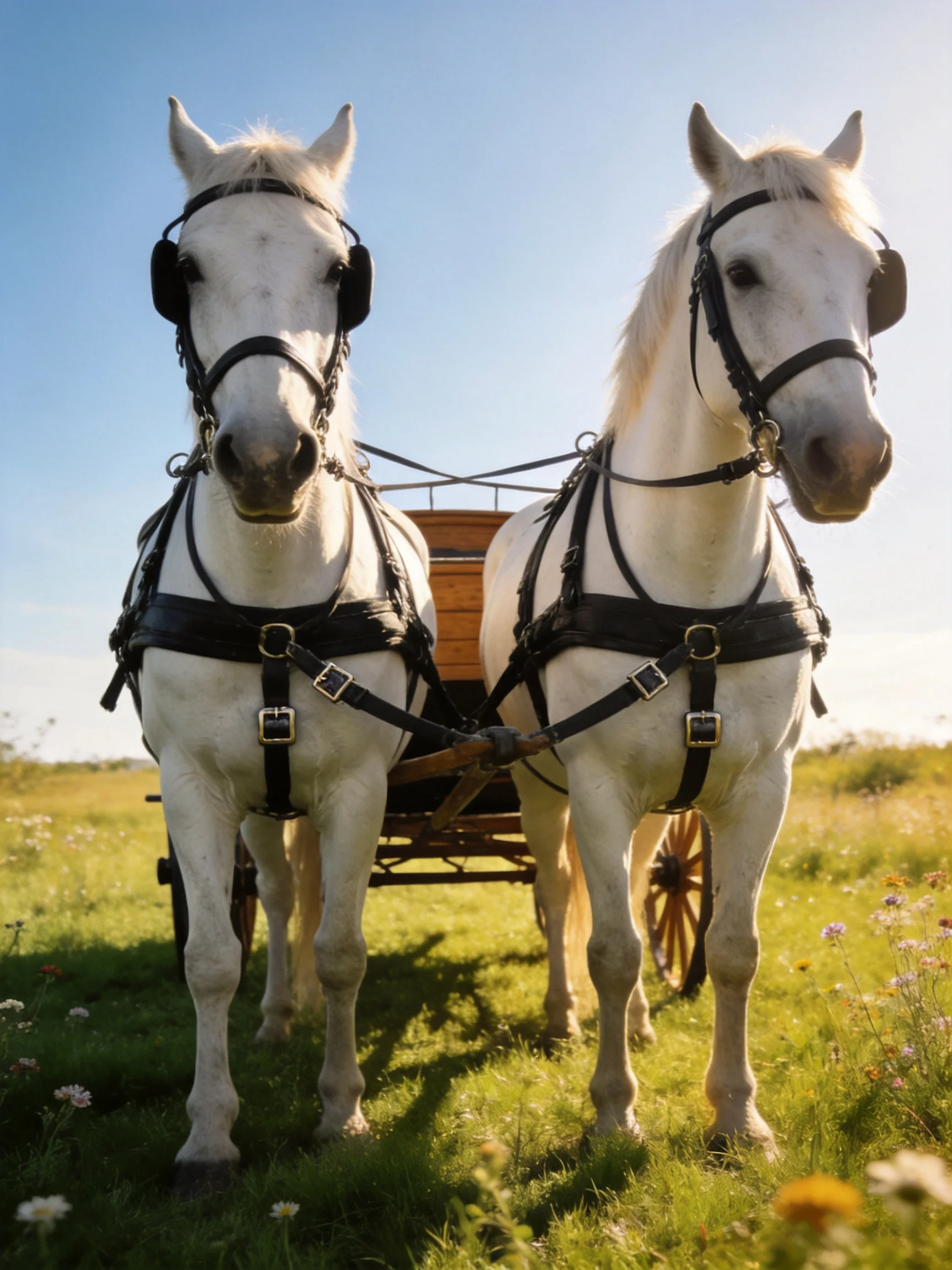 Two white horses harnessed to a wooden carriage in a sunny meadow