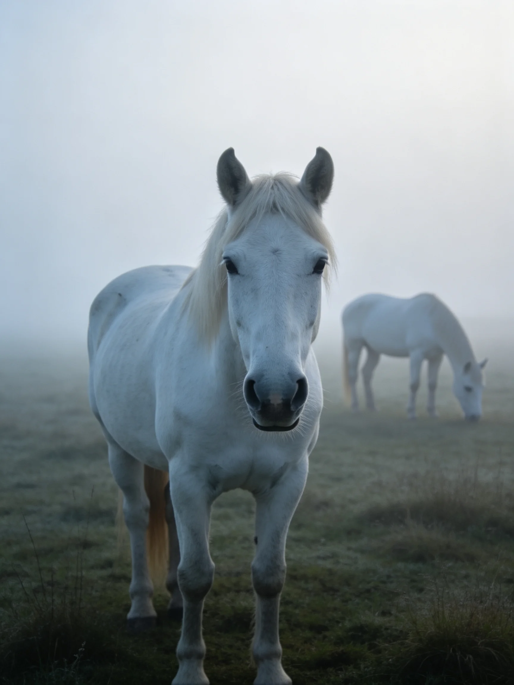 Two white horses in a foggy open field with one facing forward