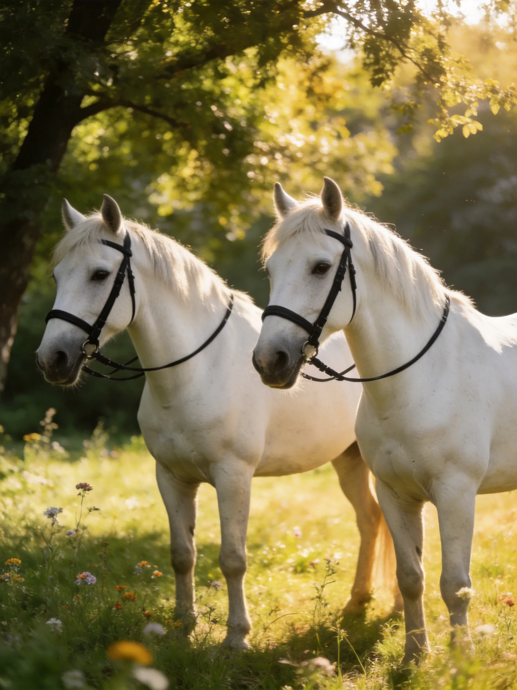 Two white horses stand together in a sunlit meadow.